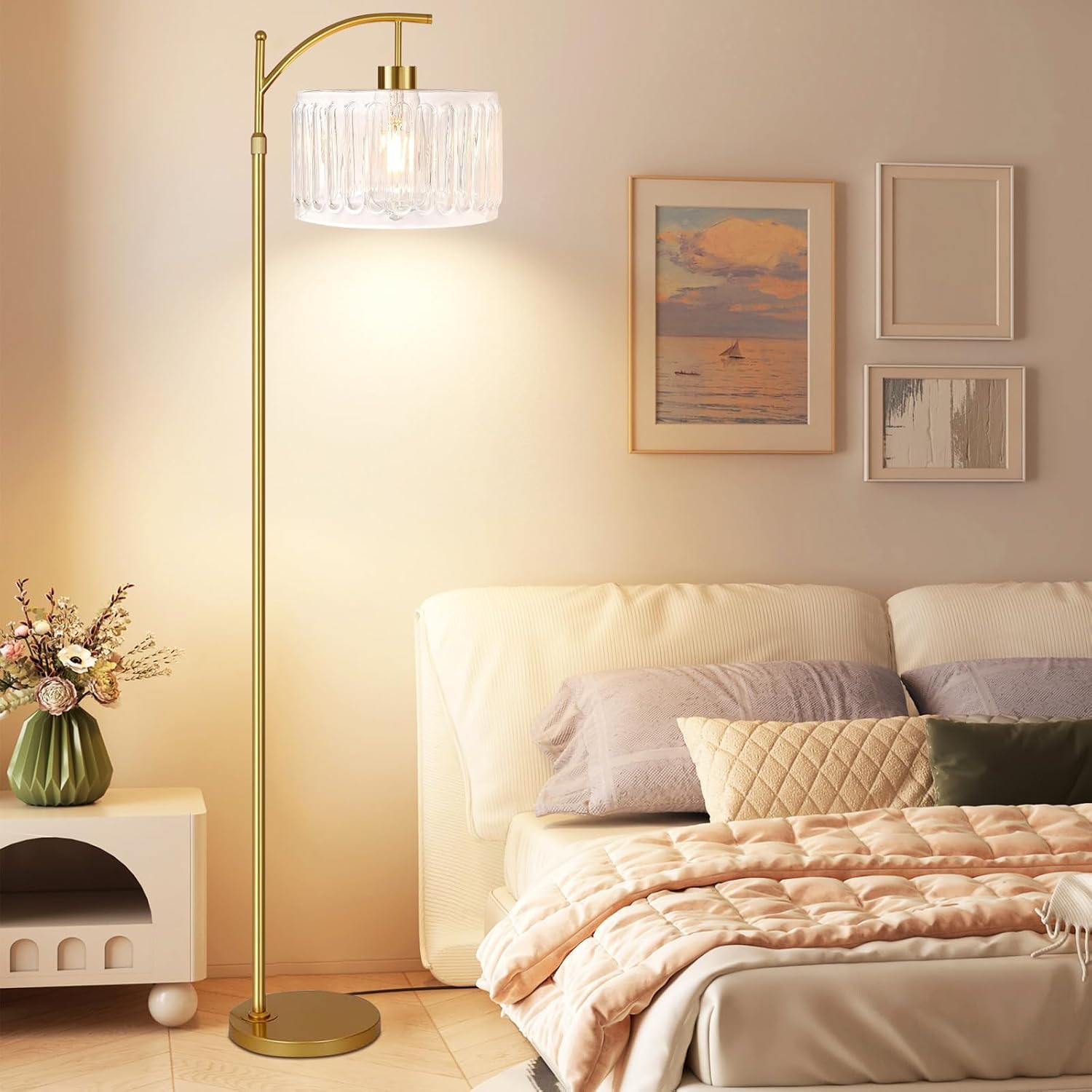 QIYIZM Glass Floor Lamp for Living Room, Bedroom, Gold Dimmable Standing Lamp with Remote, Brass White Tall Lamp Boho Mid Century Modern…