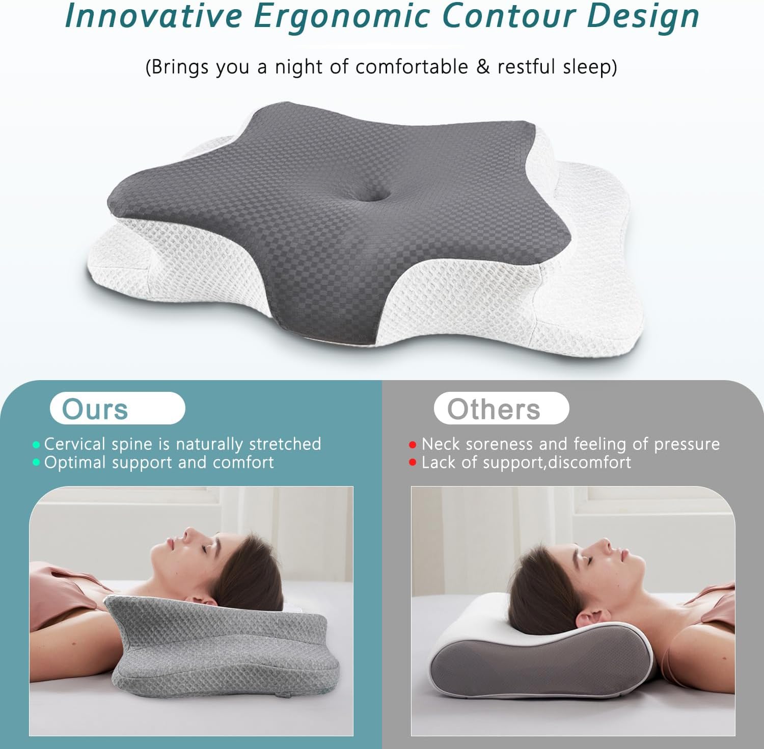 CHxxy Cervical Neck Pillow for Sleeping, Memory Foam Pillows, Ergonomic Side Sleeper Pillows, Cooling Orthopedic Neck Support Pillow for Ba…