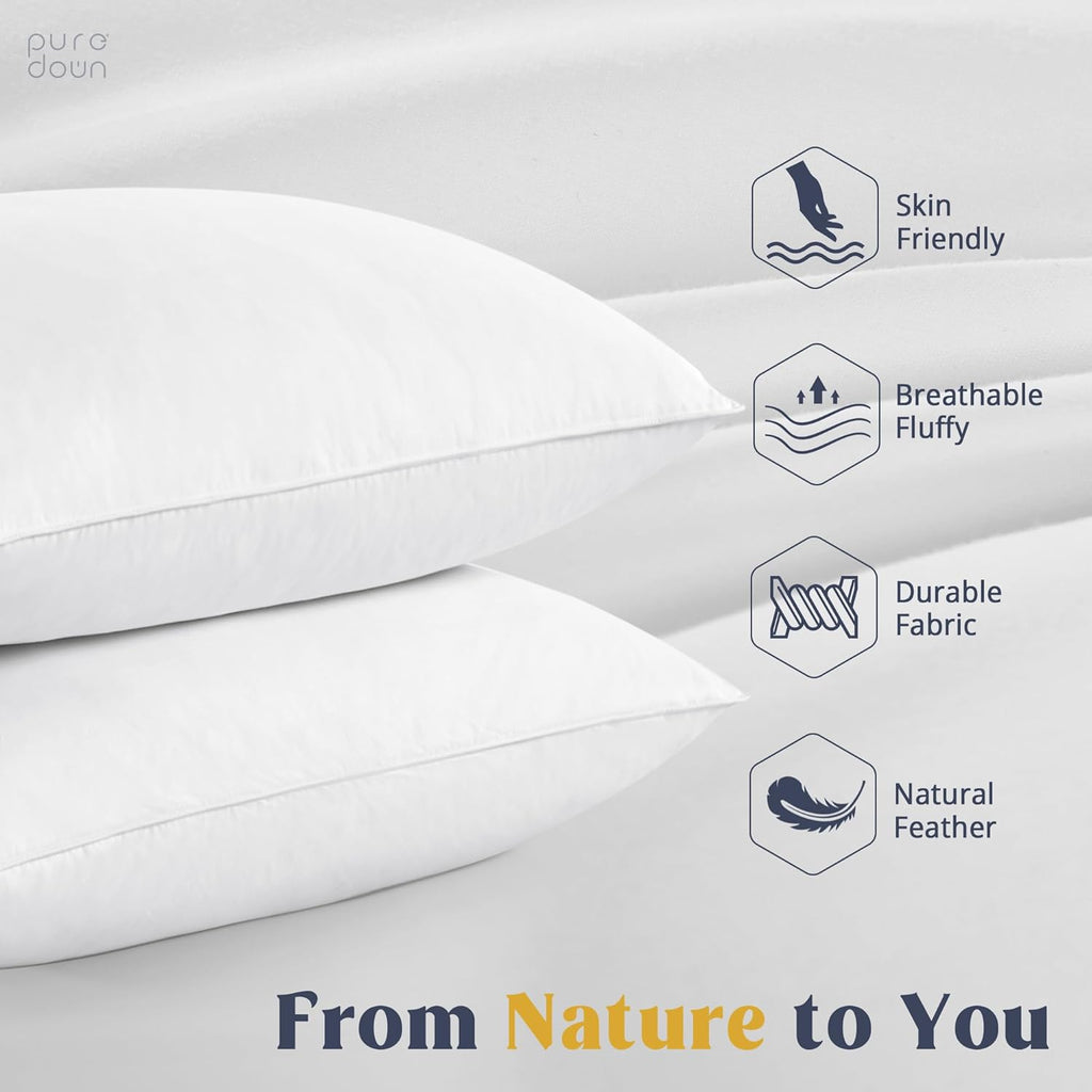 puredown® Goose Feathers and Down White Pillows with 100% Soft Cotton Cover, Bed Sleeping Hotel Collection Pillows Set of 2 Queen Size
