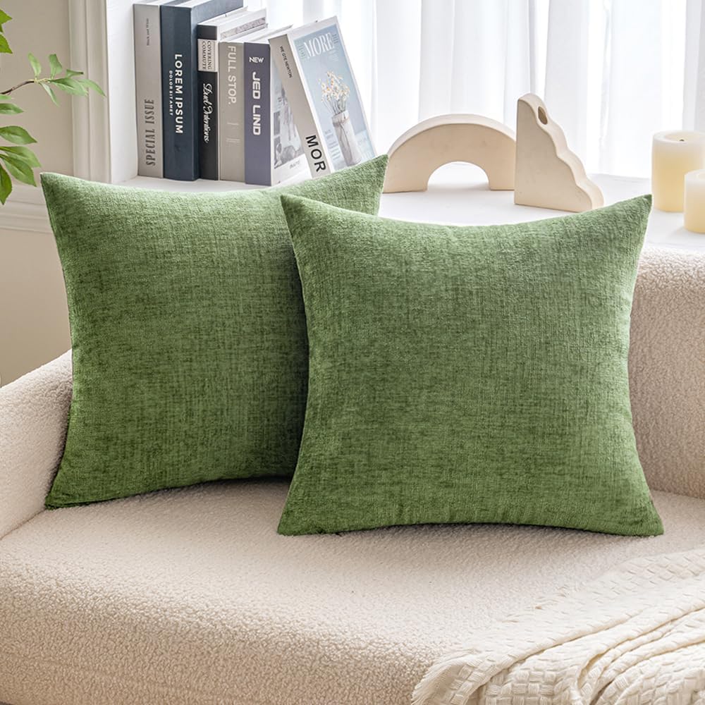 Miulee Pack of 2 Couch Throw Pillow Covers 24x24 Inch Spring Soft Sage Green Chenille Pillow Covers for Sofa Living Room Solid Dyed Pillow…