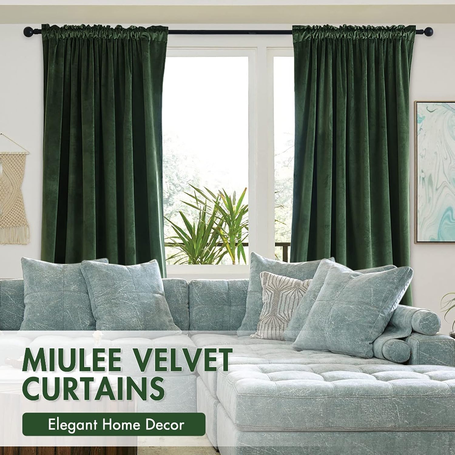 MIULEE Olive Green Velvet Curtains Thermal Insulated Blackout Curtain Drapes for Bedroom Living Room Darkening 72 Inches Long Curtains…