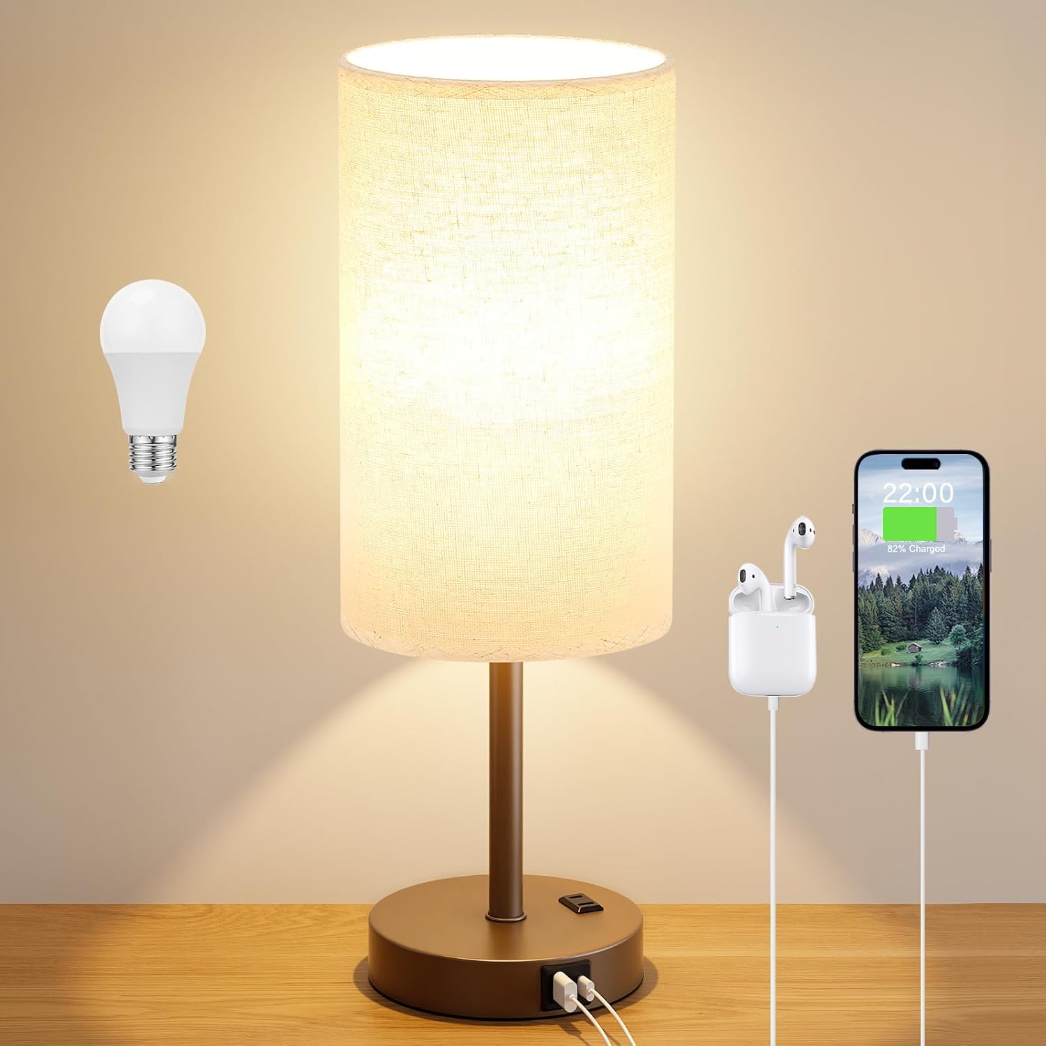 Dicoool Touch Bedside Table Lamp with USB - 3 Way Dimmable Brown Lamp for Bedroom Nightstand, Desk Lamp with Charging Station for Dorm…