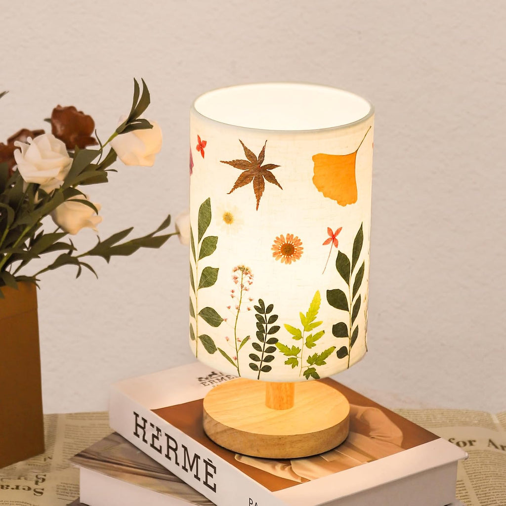 Pressed Flowers Table Lamp 5W LED 3Color Temperatures Dried Flower Bedside Lamp Linen Shade with Wood Base for Bedroom Living Room Desk…
