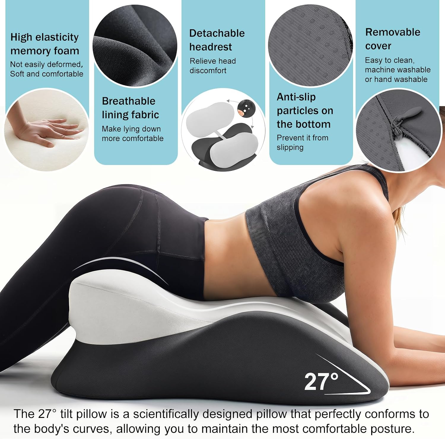 cjc Ergonomic Memory Foam Wedge Pillow 27° Support for Neck, Back and Waist, Multi-Position Bed Support Pillow with Removable Cover (Double…