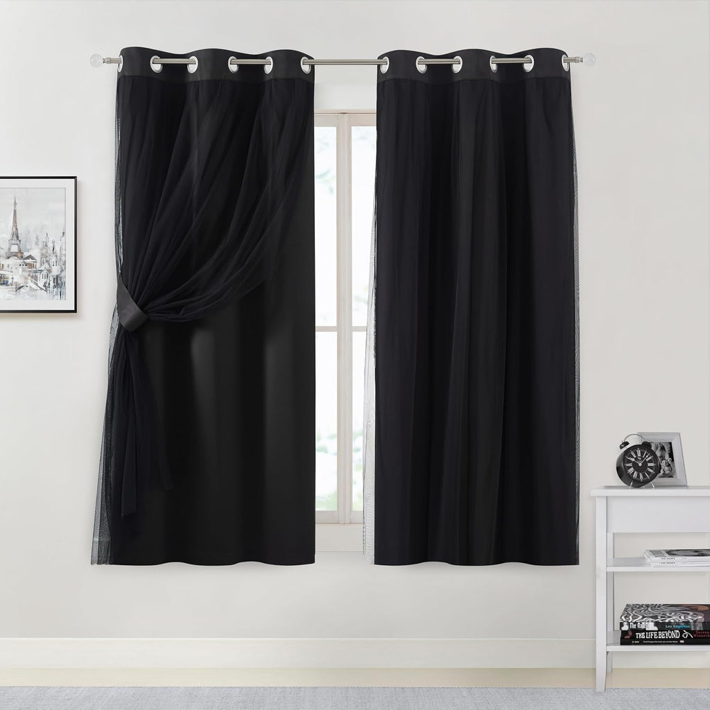 Bujasso Black Blackout Curtain Panels with Sheer Overlay Mix and Match Double Layer Thermal Insulated Window Treatment Set for Bedroom Livi…