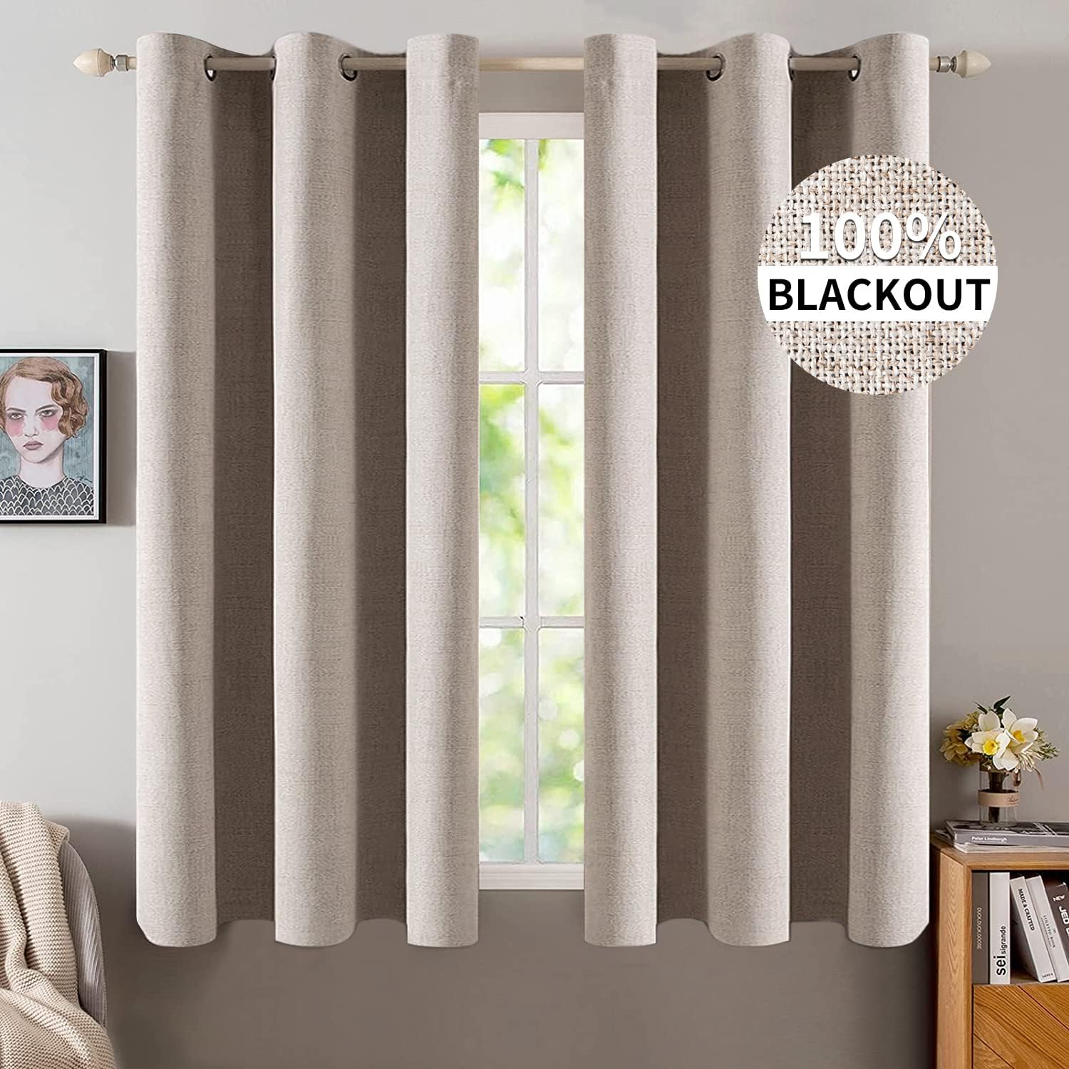 Miulee Linen Blackout Curtains and Drapes 100% Room Darkening Thermal Insulated Grommet Window Panels with Coating 2 PCs W 42 x L 63 inches…