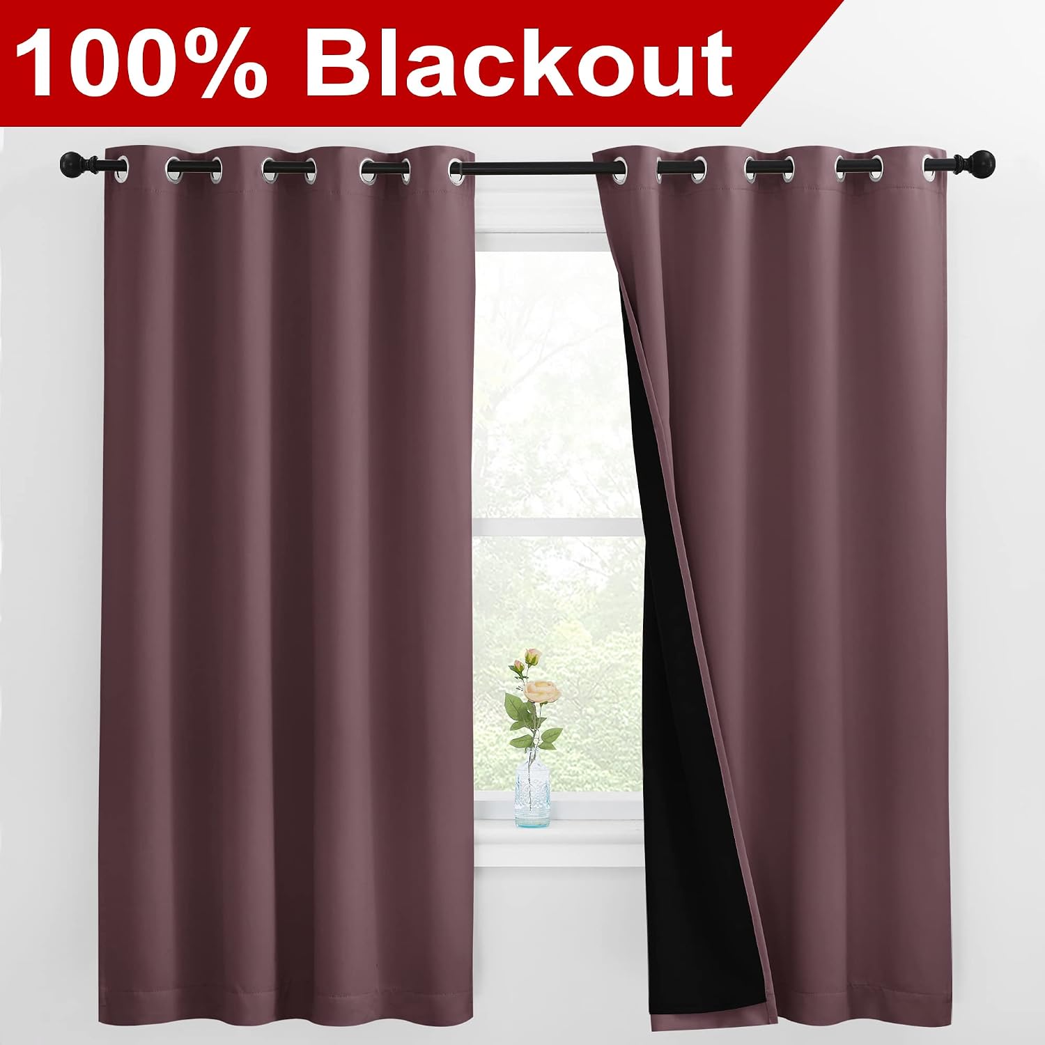 Nicetown Bedroom Full Blackout Room Warming Curtain Panels, Super Thick Insulated Window Covers, Complete Blackout Draperies with Black Lin…