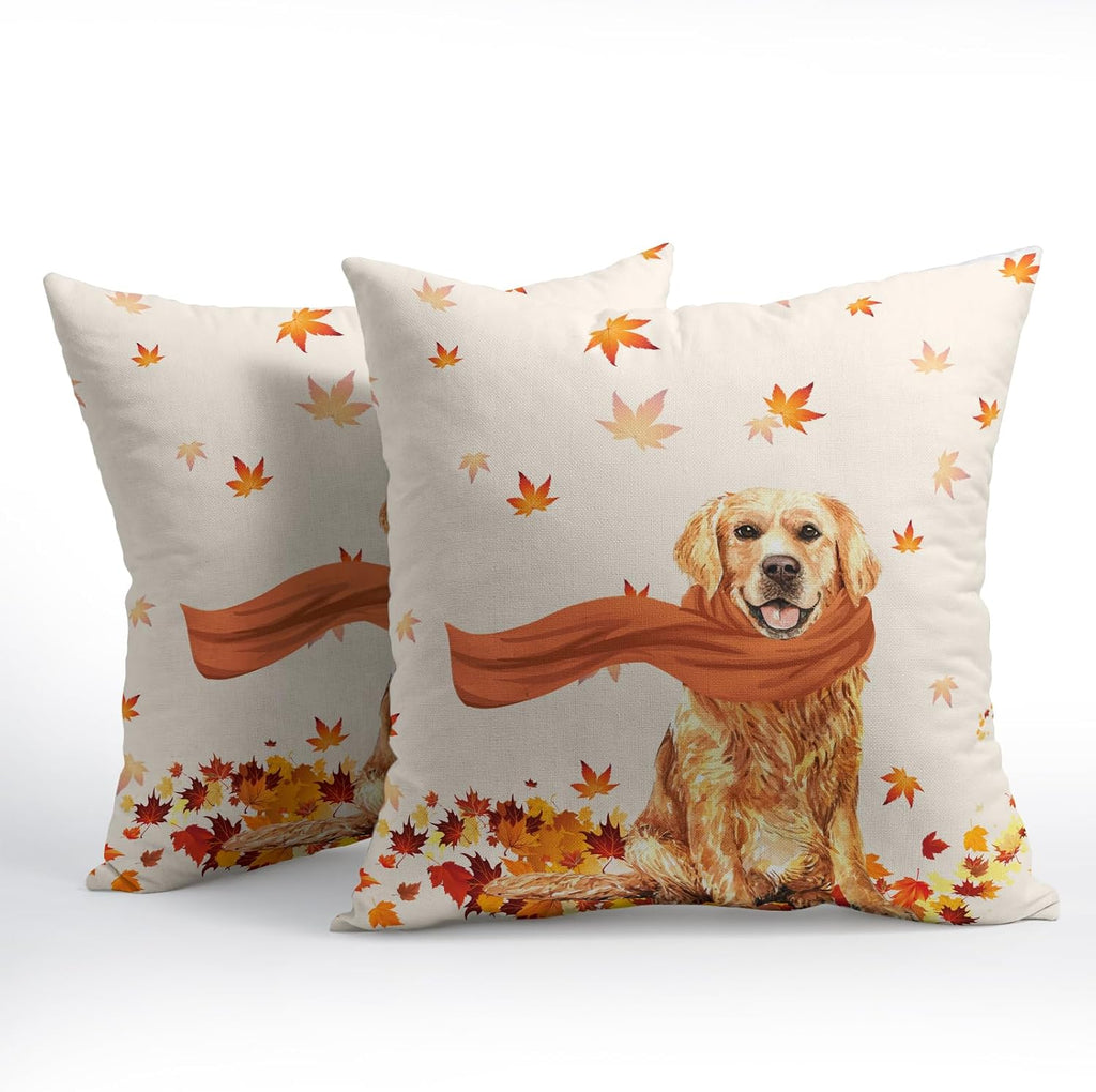 Golden Retriever Dog Fall Throw Pillow Cover Autumn Maple Leaves Farmhouse Pillowcase Cute Pet Modern Thanksgiving Decorative Pillow…
