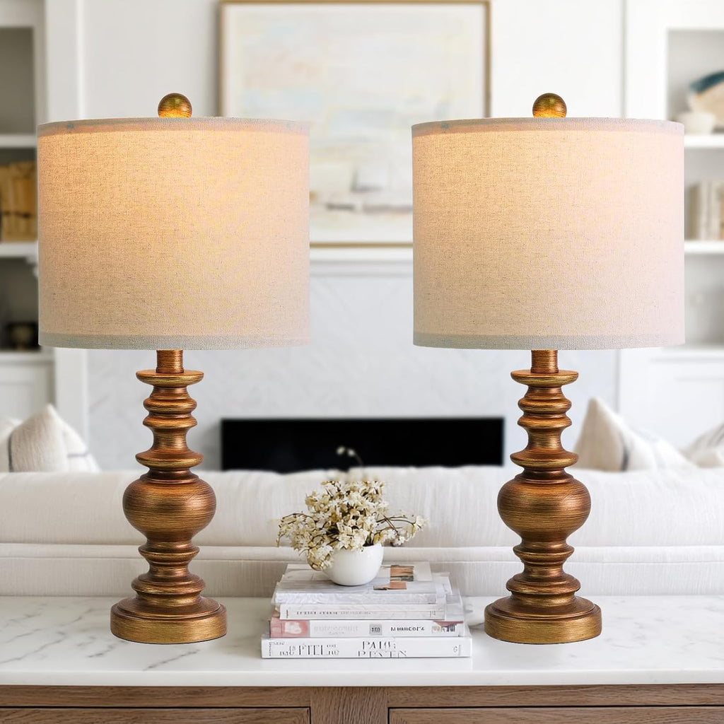 BOBOMOMO 20" Antique Gold Table Lamps Set of 2 – Handcrafted Vintage Bedside Lamps with Linen Shades, Elegant Farmhouse Lamps for…