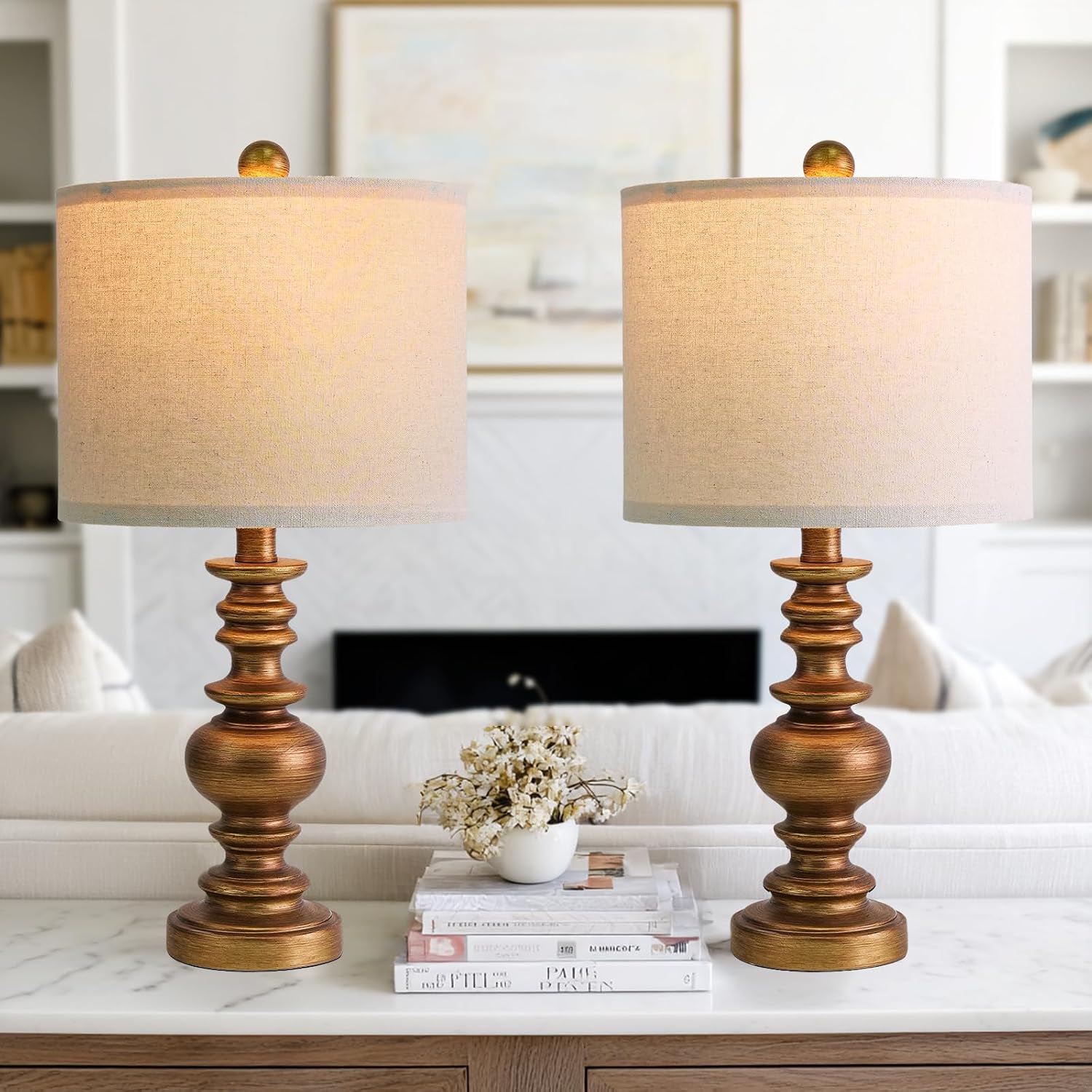 BOBOMOMO 20" Antique Gold Table Lamps Set of 2 – Handcrafted Vintage Bedside Lamps with Linen Shades, Elegant Farmhouse Lamps for…