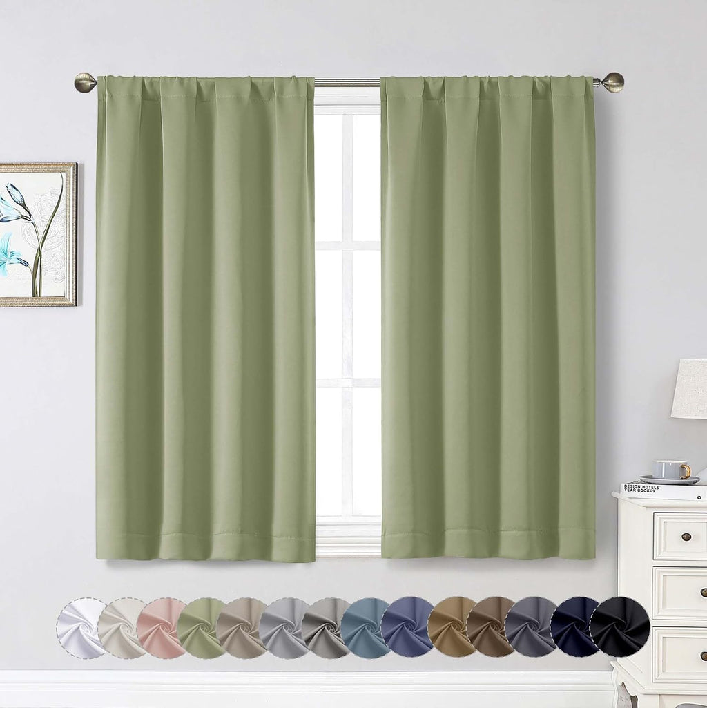 WelvetBLK Sage Green Room Darkening Curtains for Bedroom Living Room 45 Inch Length 2 Panels Set, Soft Solid Thermal Insulated Rod Pocket S…