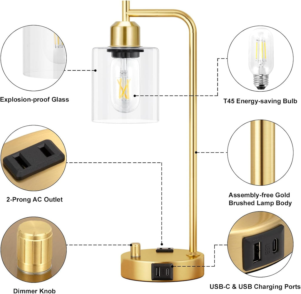 Innqoo Industrial Table Lamp for Bedroom Set of 2 - Fully Dimmable Bedside Lamps with USB Ports and Outlet, Gold Nightstand Lamps with…