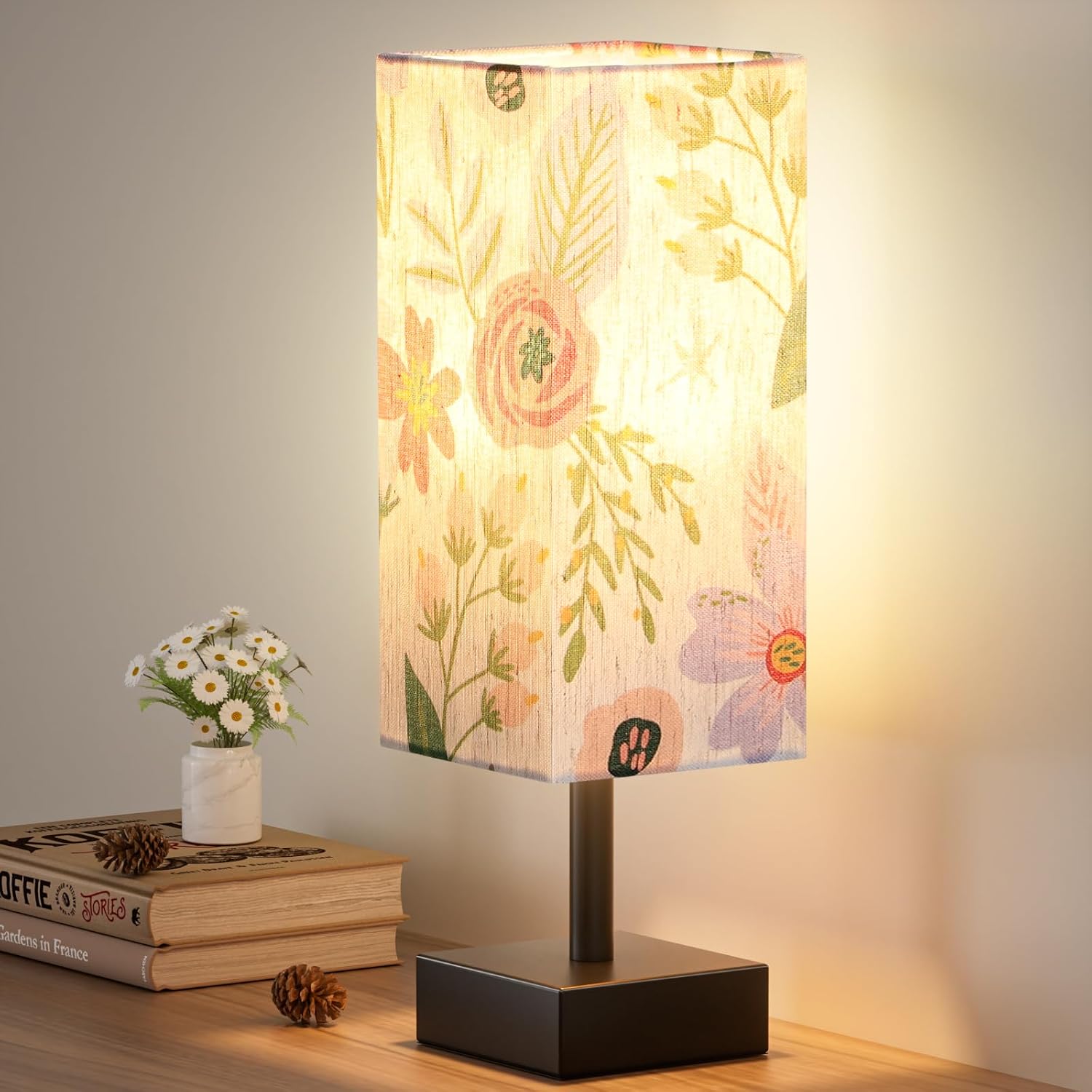 aooshine Flower Table Lamp for Bedroom - Bedside Lamp for Nightstand, Minimalist Night Stand Light Lamp with Square Fabric Shade, Desk…