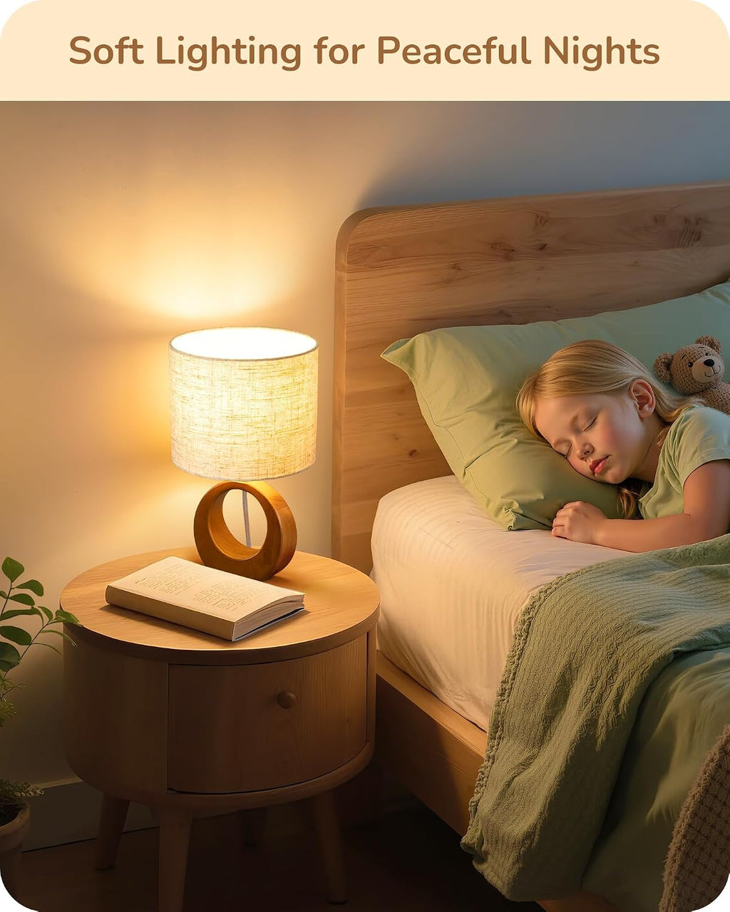 EDISHINE Small Wood Table Lamp, 13.4" Nightstand Lamp with Beige Linen Lampshade, ON-Off Switch, E26 Base, Modern Bedside Lamp for Living…
