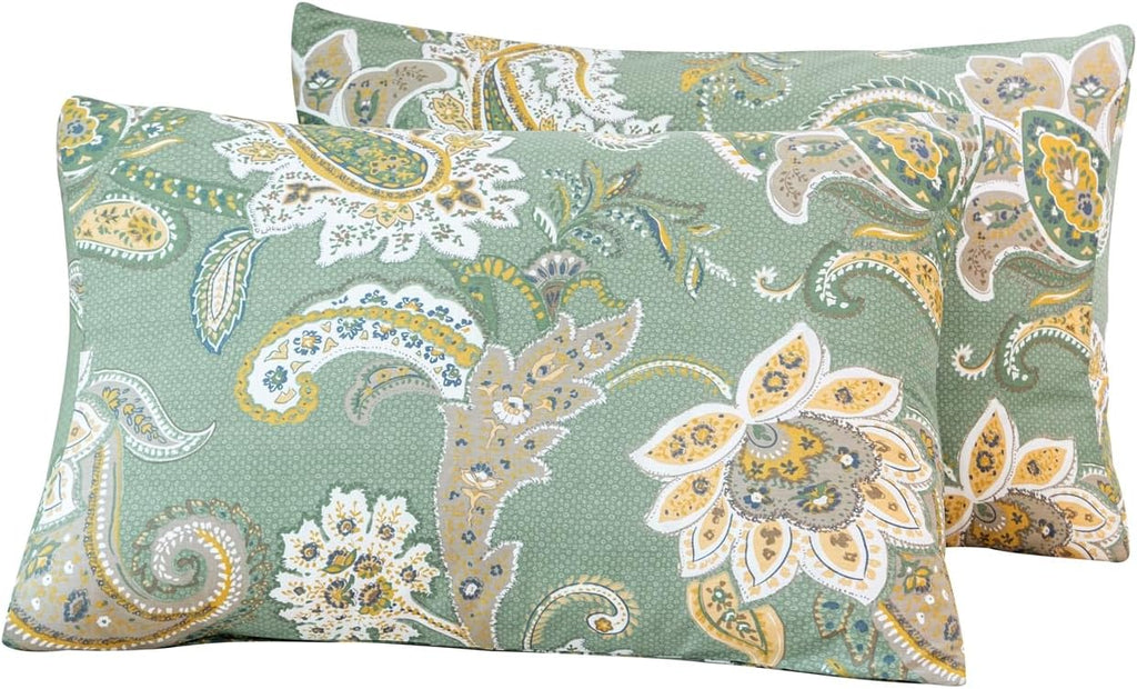 YuHeGuoJi Green Pillow Cases Queen Set of 2 100% Cotton Decorative Beige Boho Pillow Covers Decorative Paisley Floral Pillow Protectors Env…