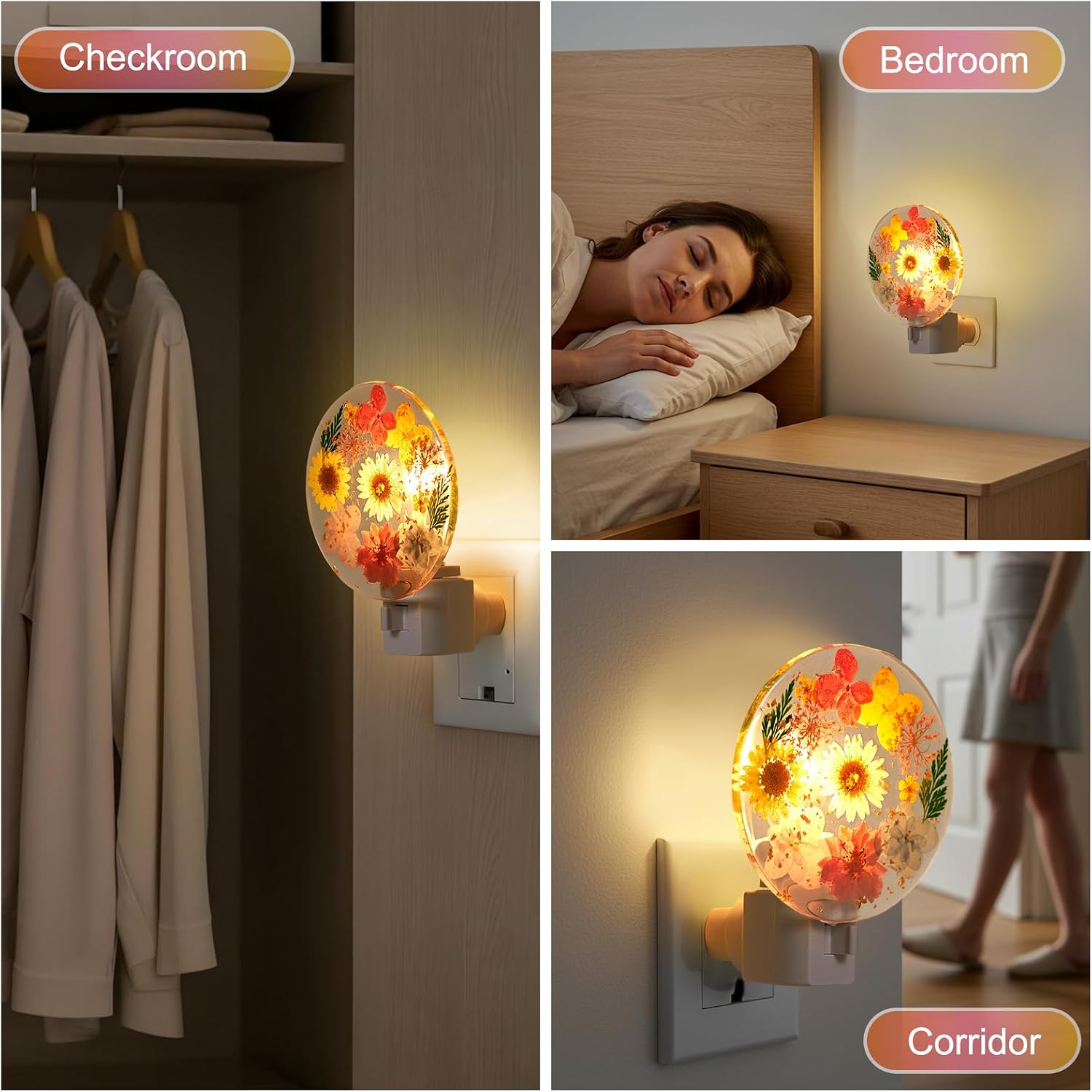 Glooglitter Pressed Flower Night Light Plug in - Handmade Dried Floral Wall Night Light, Soft Glow Decorative Nightlight for Hallway Bedroo…