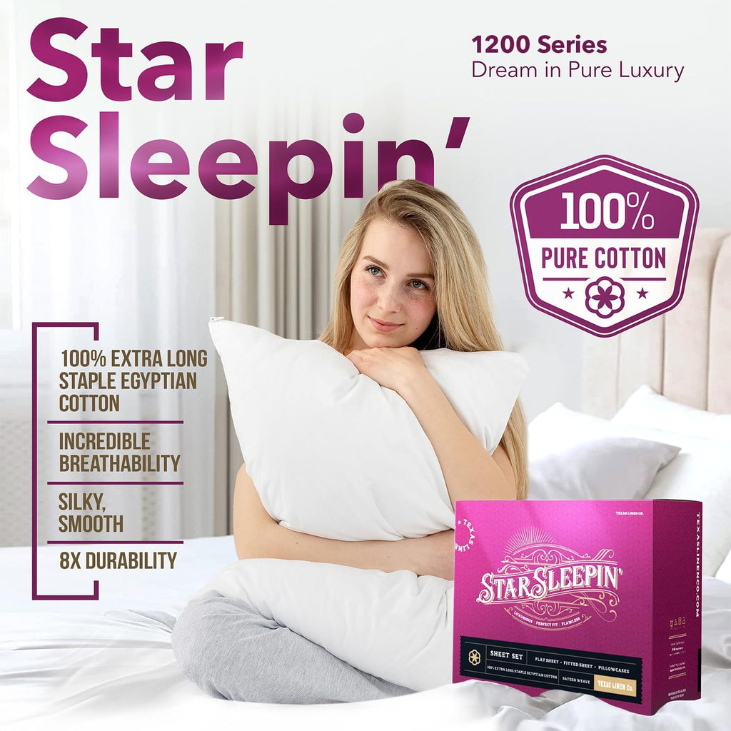 TEXAS LINEN CO. 100% Egyptian Cotton Queen Sheets Set - Luxury 1200 Series Star Sleepin' Collection Egyptian Cotton Sheets Queen Size (4…