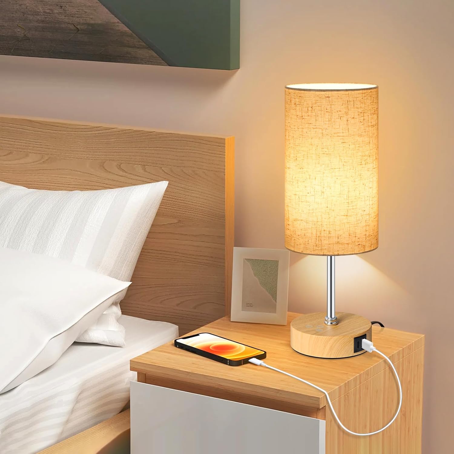 Unicozin Small Table Lamp, 3CCT & 7 RGB Color Changing, Dimmable Nightstand Lamp with Wood Grain Base, Touch Bedsides Lamp for Bedroom…