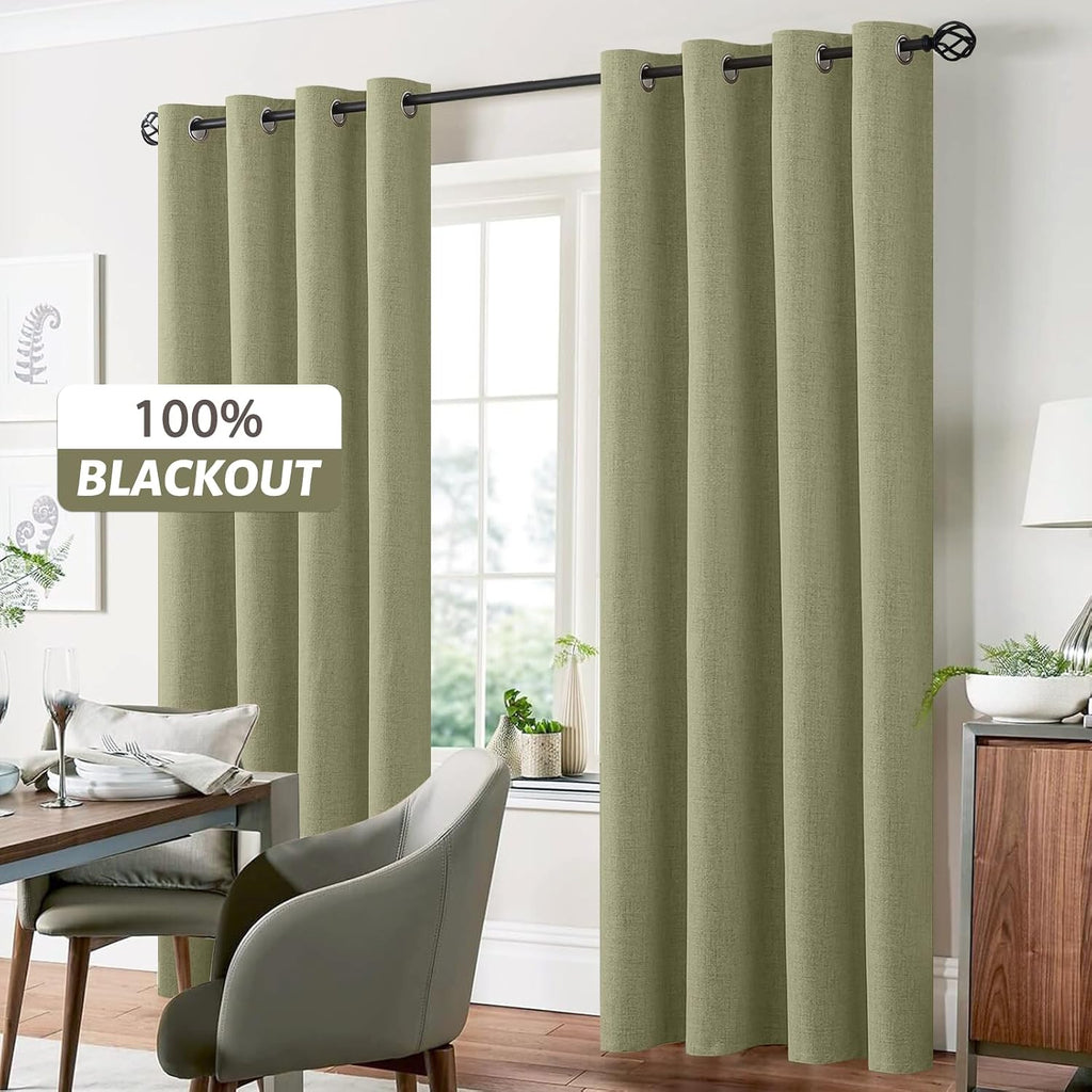 Yakamok Linen Sage Curtains 100% Blackout 84 Inches Long, Room Darkening Textured Drapes for Living Room Thermal Grommet Bedroom Curtains 2…