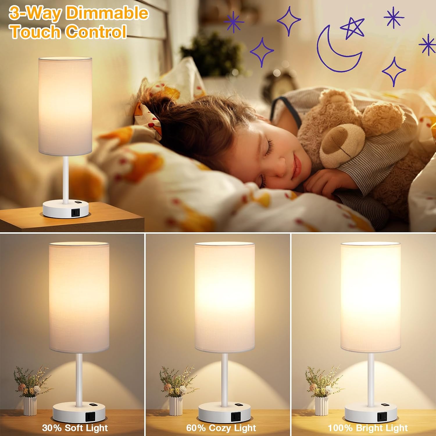 Dicoool Touch Bedside Table Lamp with USB - 3 Way Dimmable White Lamp for Bedroom Nightstand, Desk Lamp with Charging Station for Dorm…