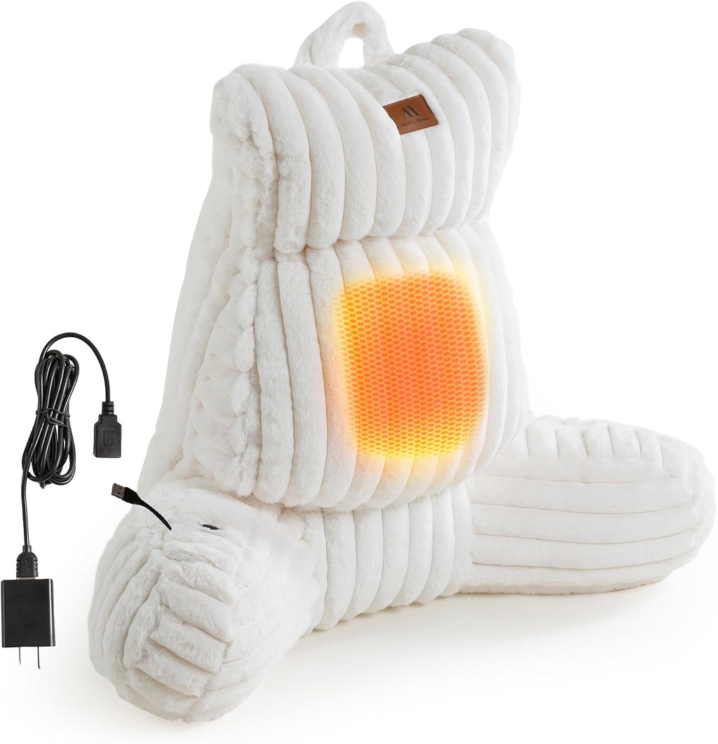 Amélie Home Heated Faux Fur Reading Pillow 3 Temperature Backrest for Sitting in Bed Support Cushion, USB-Powered(No Power Bank Included)…