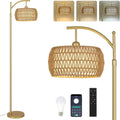 eyassi Arc Floor Lamp with 3 Color Temperatures, LED Gold Floor Lamp with Remote & Stepless Dimmable Bulb, Boho Standing Lamp with Rattan…