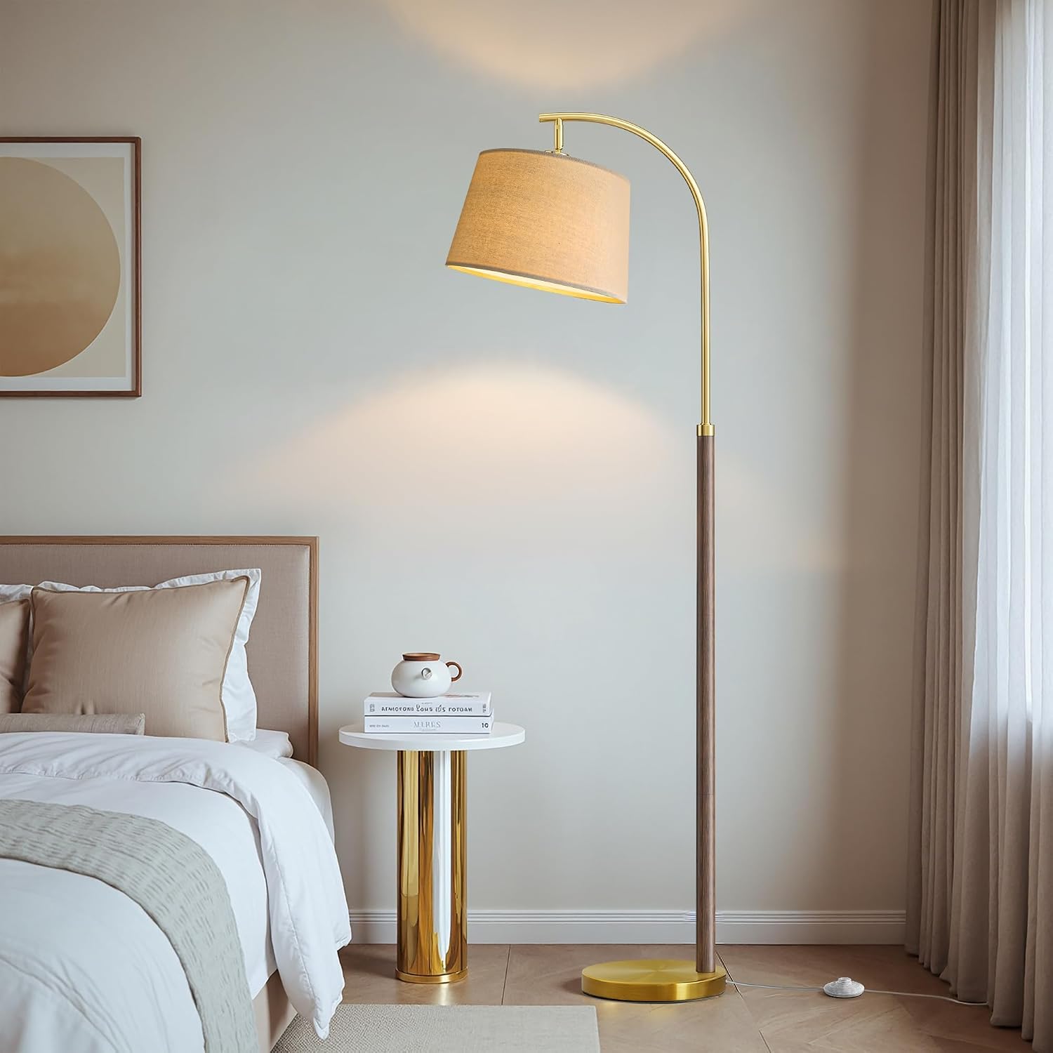 G-SAFAVA 63" Wood Floor Lamps for Living Room with Foot Switch Arc Tall Standing Lamp for Bedroom Mid Century Modern Corner Gold Floor…