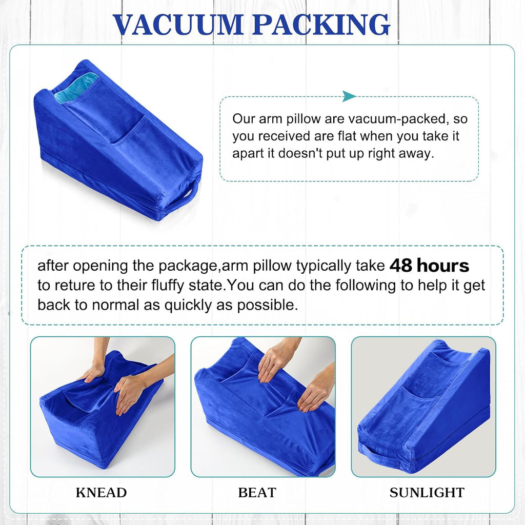 Buryeah Blue Arm Elevation Pillow with 2 Pockets, Soft Ergonomic Support Pillow for Elbow Rest Wedge Broken Arm Elbow Gifts with High Densi…