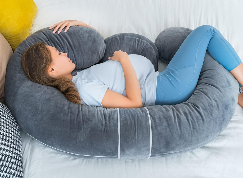 QUEEN ROSE Pregnancy Pillows - E Shaped Pregnancy Pillows for Sleeping, Detachable Body Pillow for Pregnant Side Sleeper, Grey Velvet…