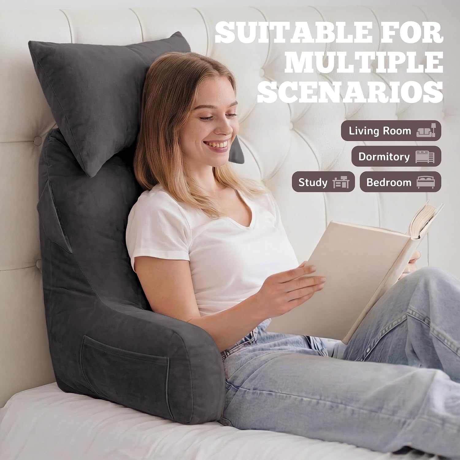 Unisakey Portable Reading Pillows with Headrest for Bed Sitting Up(Light Grey Oeko-Tex), Velvet Back Pillow with Arms & Pockets for…
