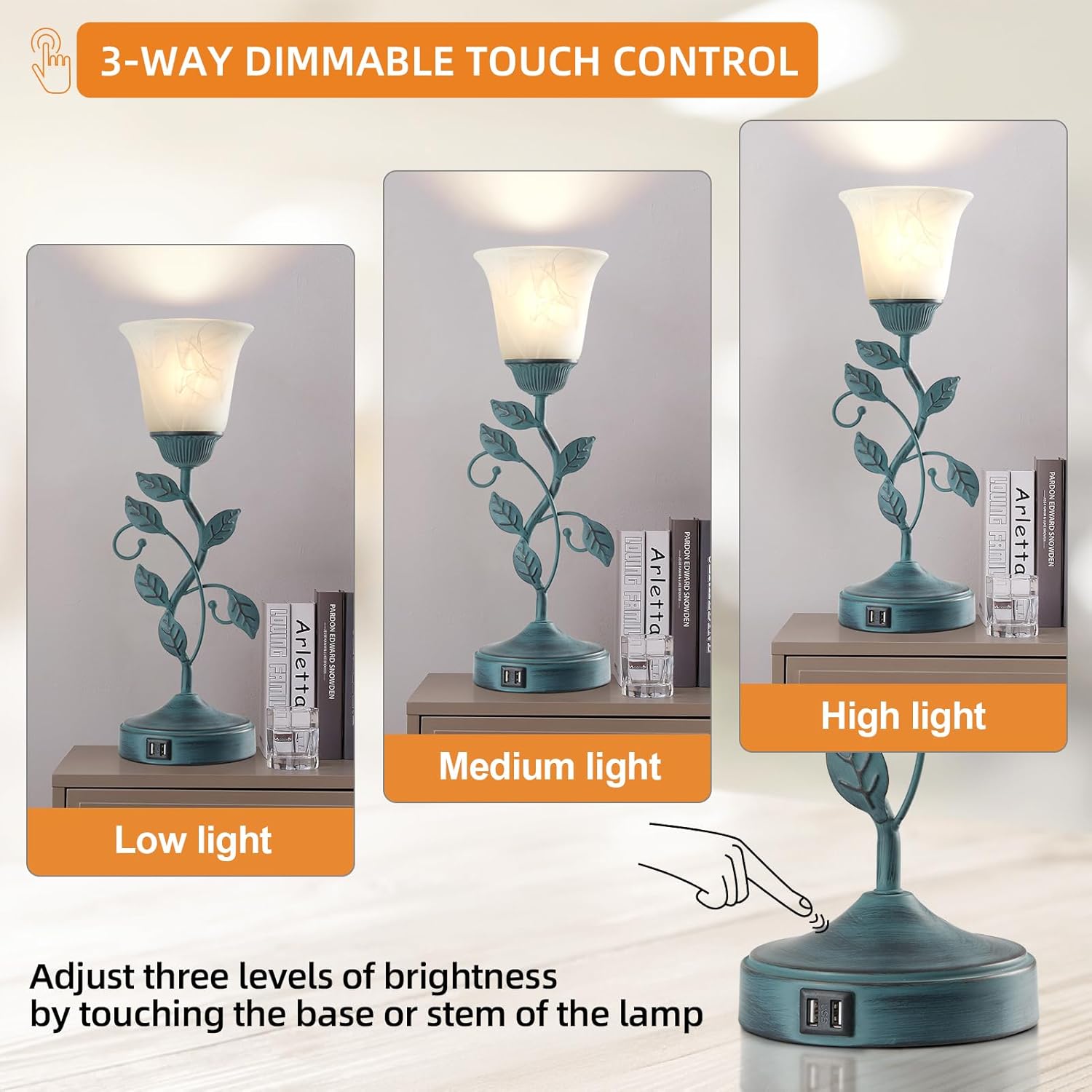 Vintage Touch Table Lamp for Living Room, 3-Way Dimmable Nightstand Lamp with 2 USB Ports, Farmhouse Rustic White Glass Shade Leaf Desk…