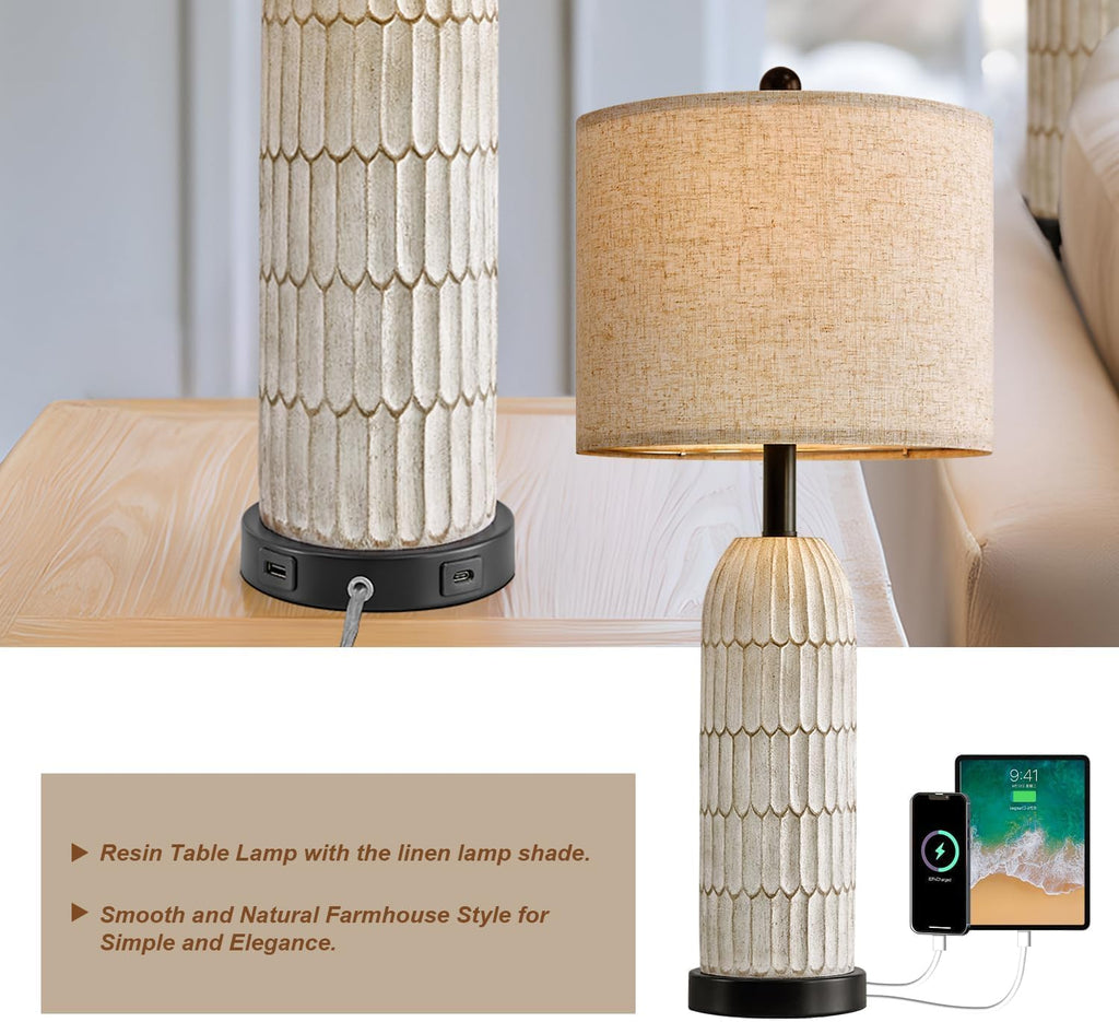 OYEARS 26.5" Bedside Table Lamps Set of 2, Farmhouse Table Lamp with USB A+C Charging Ports, Vintage Nightstand Lamp for Bedrooms and…