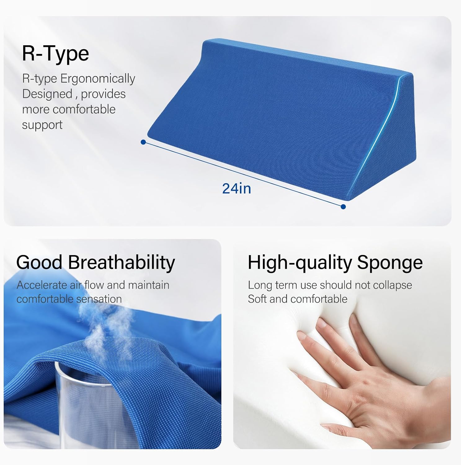 Fanwer 24in Bed Wedge Pillow for Sleeping Body Position Wedges Back Positioning Elevation Pillows Blue Pray Case Pregnancy Bedroom Eevated…