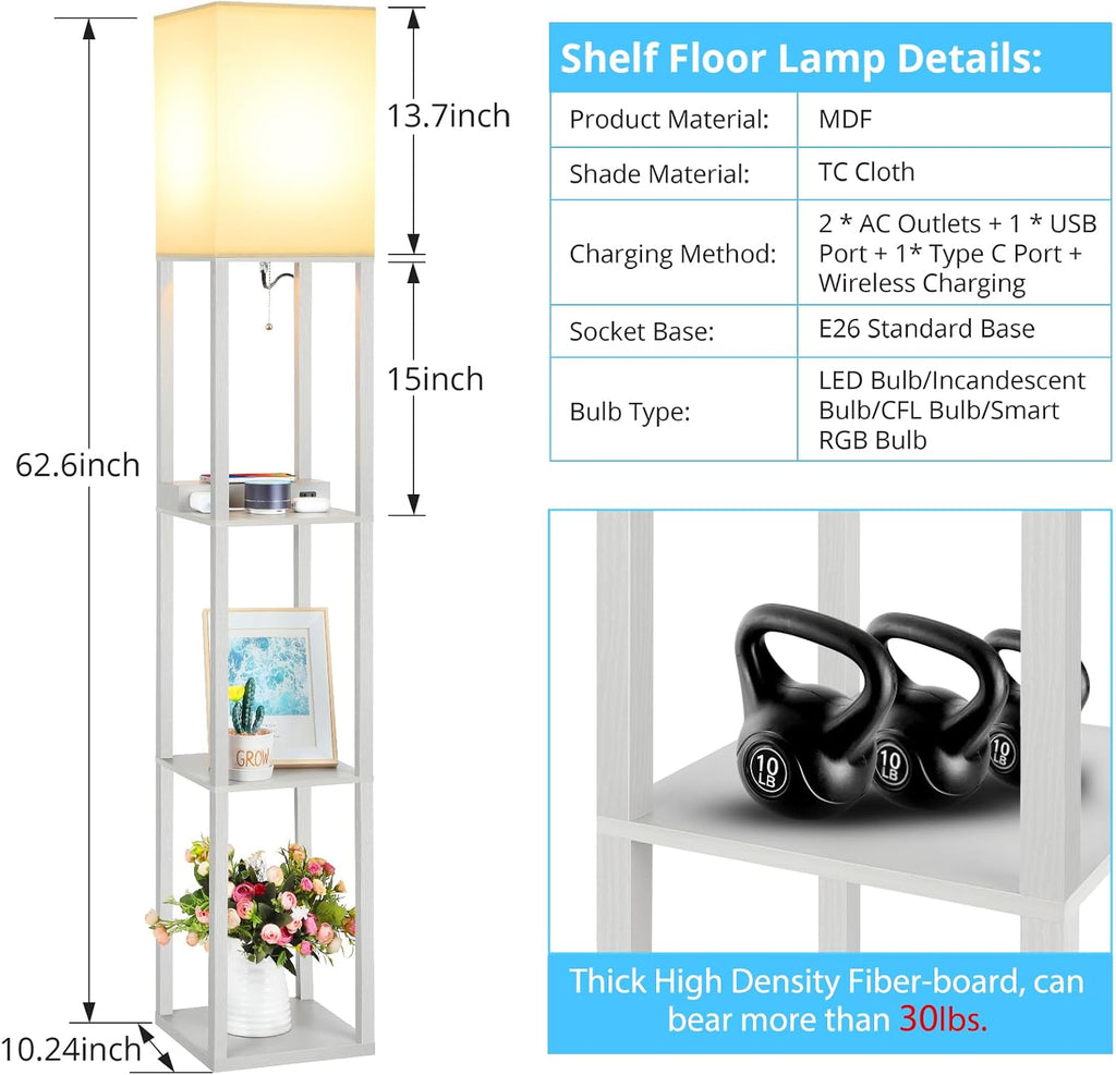 Mlambert Modern Shelf Floor Lamp with Wireless Charger & Fast Charging USB Ports & Type C Port & 2 Power Outlets,3 Tier Storage Lamp for…