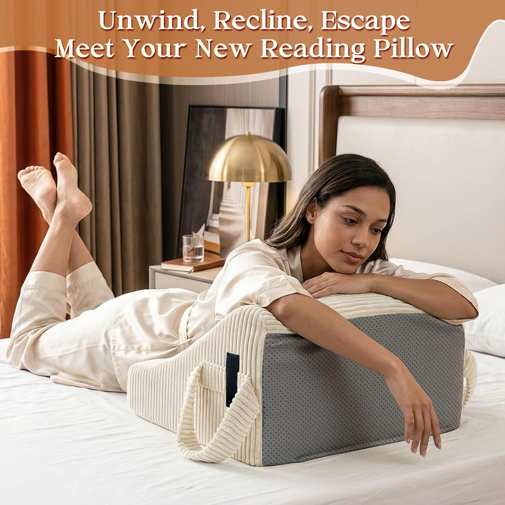 Reading Pillow/Backrest Pillow with Arms, Cup Holder & Phone Pocket - Bed Rest Pillow with Adjustable Headrest, Corduroy Fabric for Back…