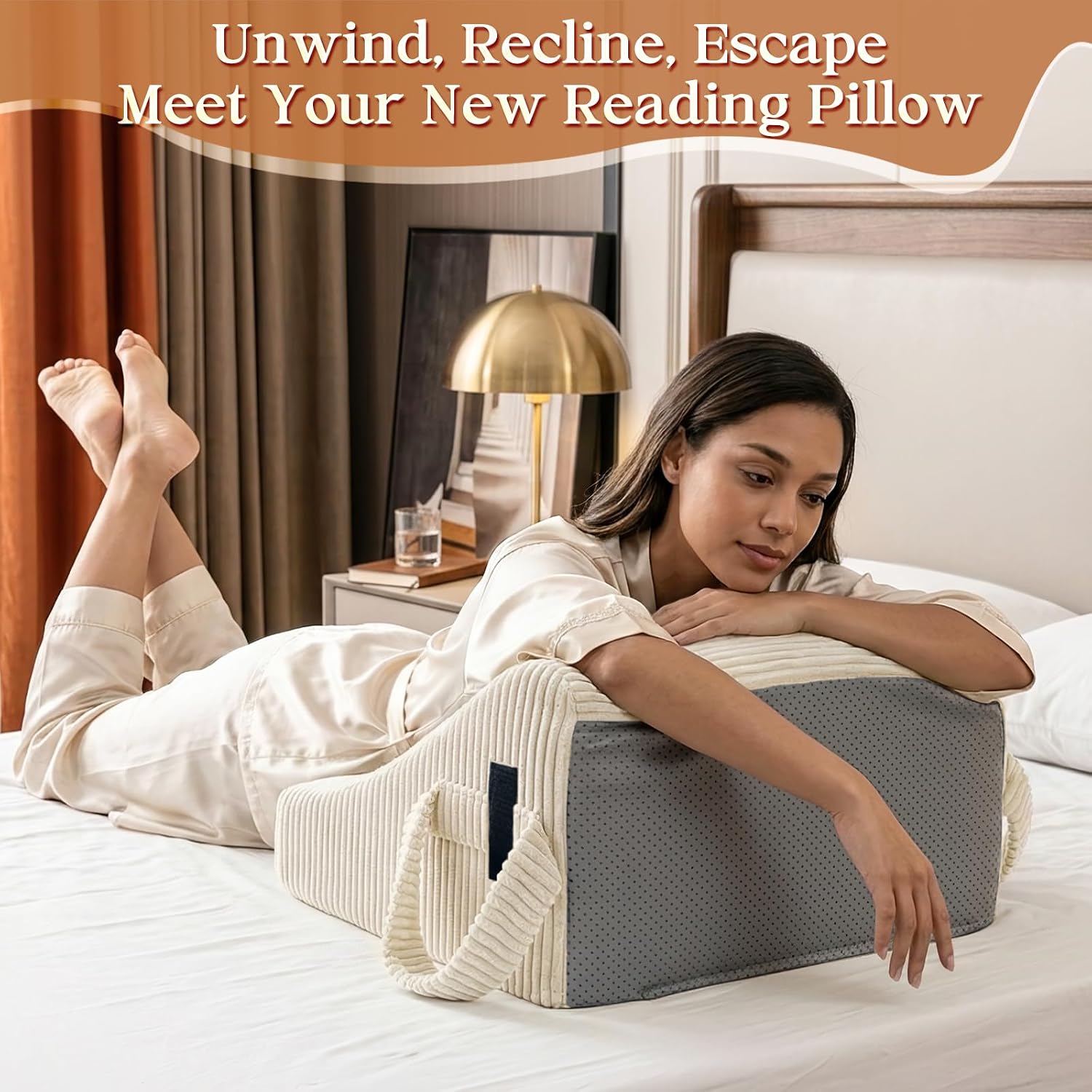Reading Pillow/Backrest Pillow with Arms, Cup Holder & Phone Pocket - Bed Rest Pillow with Adjustable Headrest, Corduroy Fabric for Back…