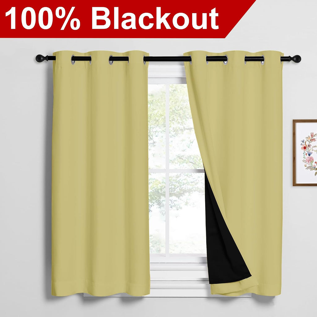 Nicetown Paler Yellow 100% Blackout Curtains 2 Panels with Black Liners, Thermal Insulated Full Blackout 2-Layer Lined Drapes, Noise Cancel…
