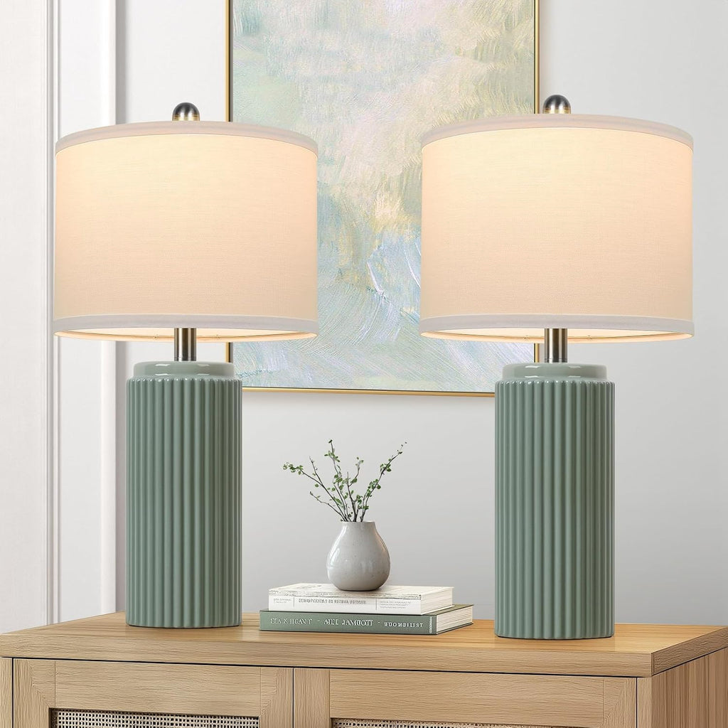 Tobusa 23.5’’ Modern Green Ceramic Table Lamps Set of 2 for Living Room, Farmhouse Ceramic Bedside Nightstand Lamps for Bedroom, Vintage De…