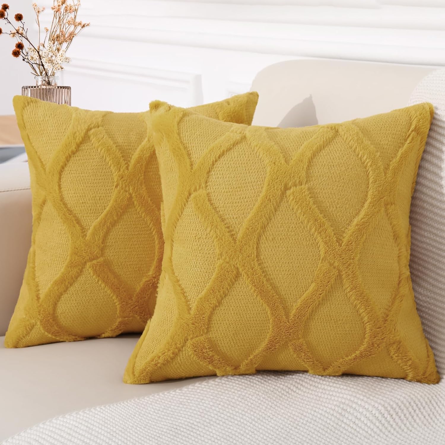 decorUhome Summer Throw Pillow Covers 18x18 Inch Set of 2, Soft Plush Faux Fur Wool Mustard Yellow Accent Couch Pillow Covers for Modern Fa…