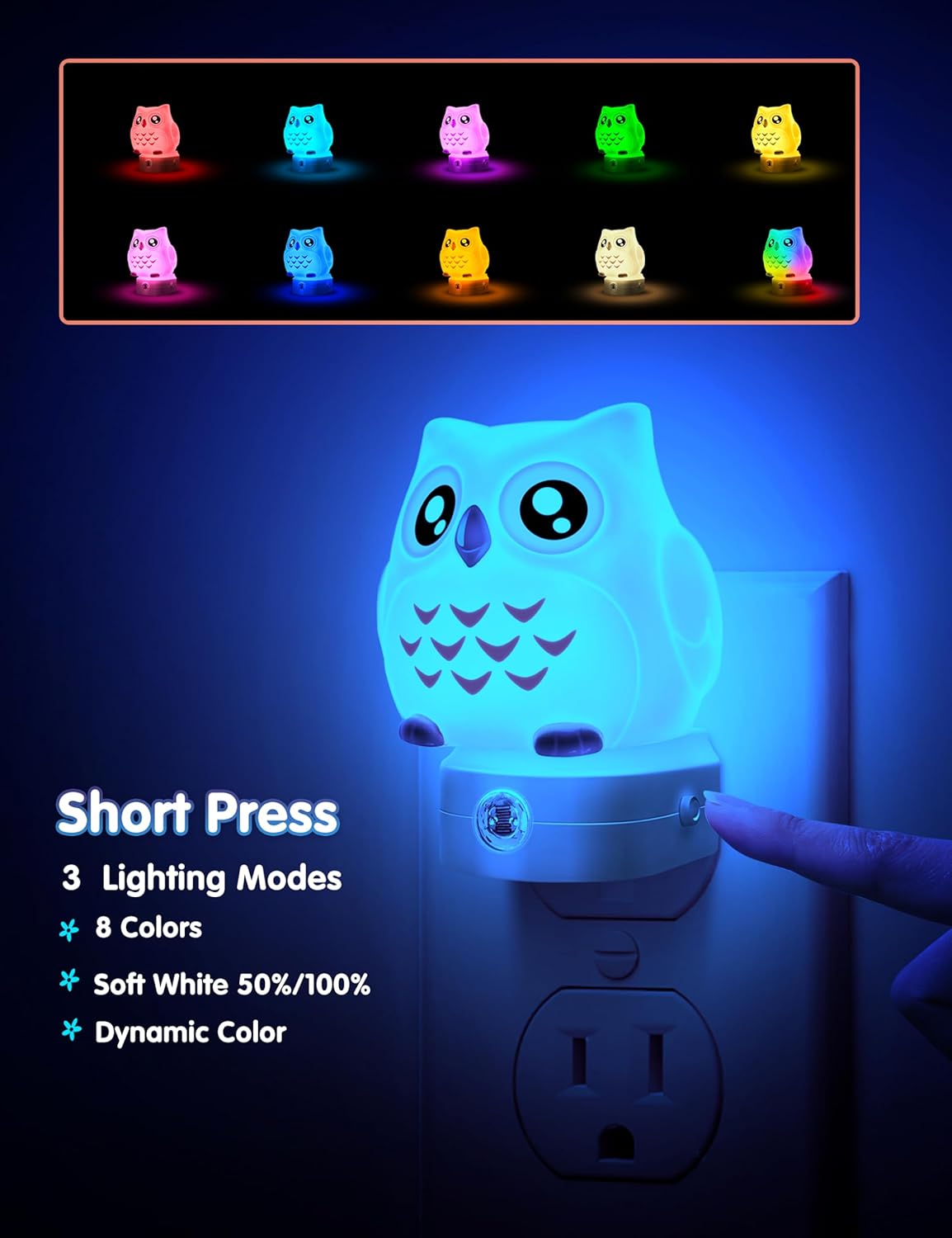 L LOHAS LED Owl Night Light for Kids, 3D Owl Night Light Plug in Wall, Dusk to Dawn Sensor, 8-Color Changing+Soft White 3000K, 3 Lighting…
