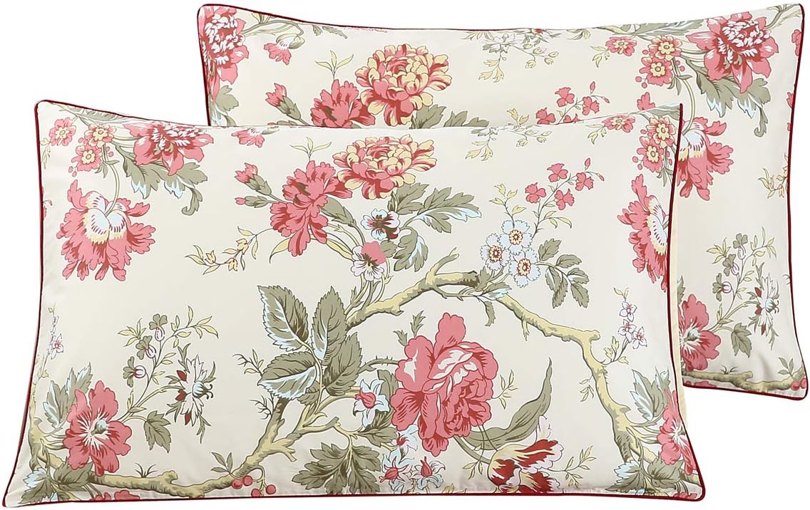 Winlife 100% Cotton Pillowcases Floral Printed Pillow Cases Set of 2 Red Flowers and Green Branches Leaf Pattern Pillow Cover King 20x36''…