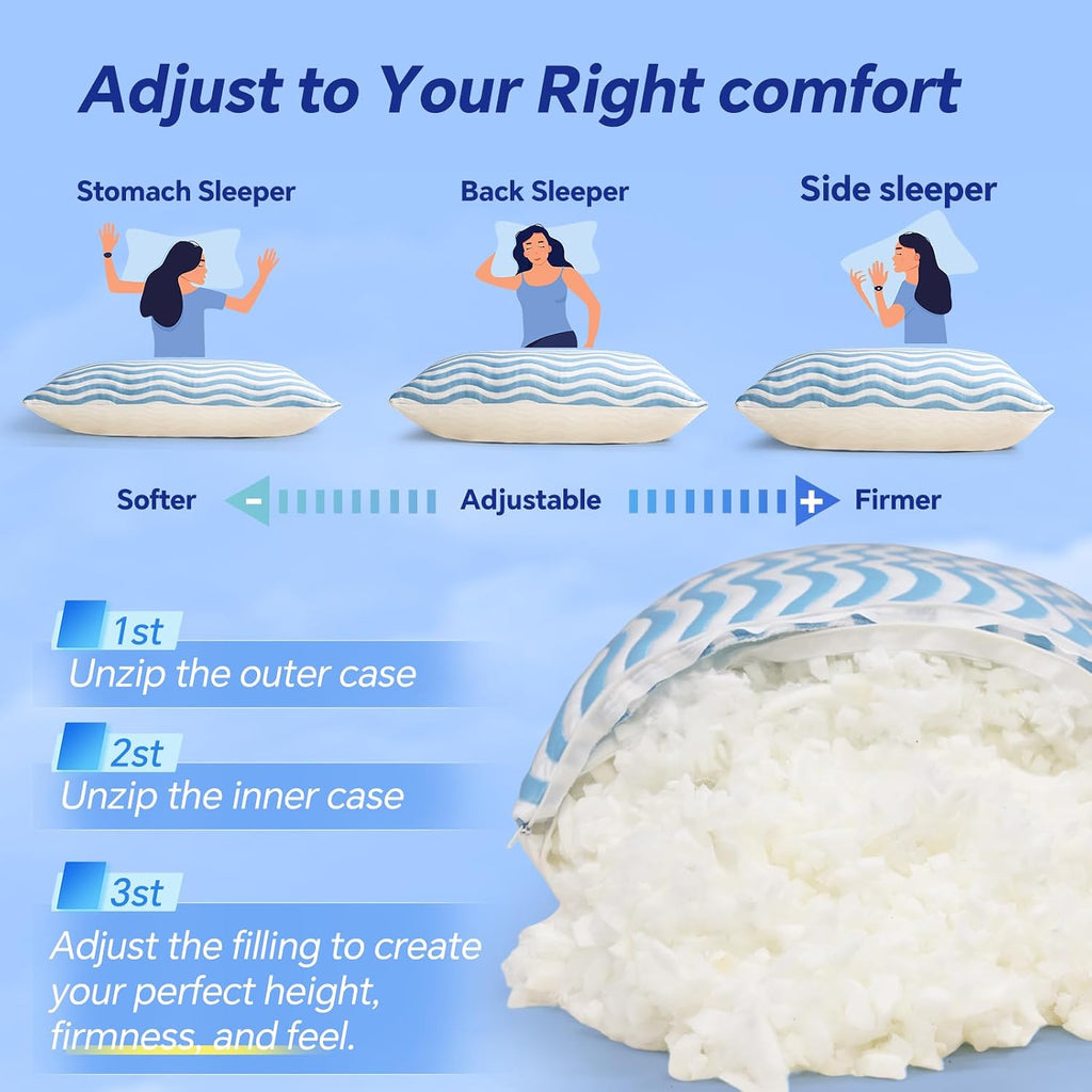 SLEEPDIARY SLEEPDIARY Queen Pillow 1 Pack – Adjustable Shredded Memory Foam Cooling Bed Pillows, Custom Loft for Side, Back, and Sto…
