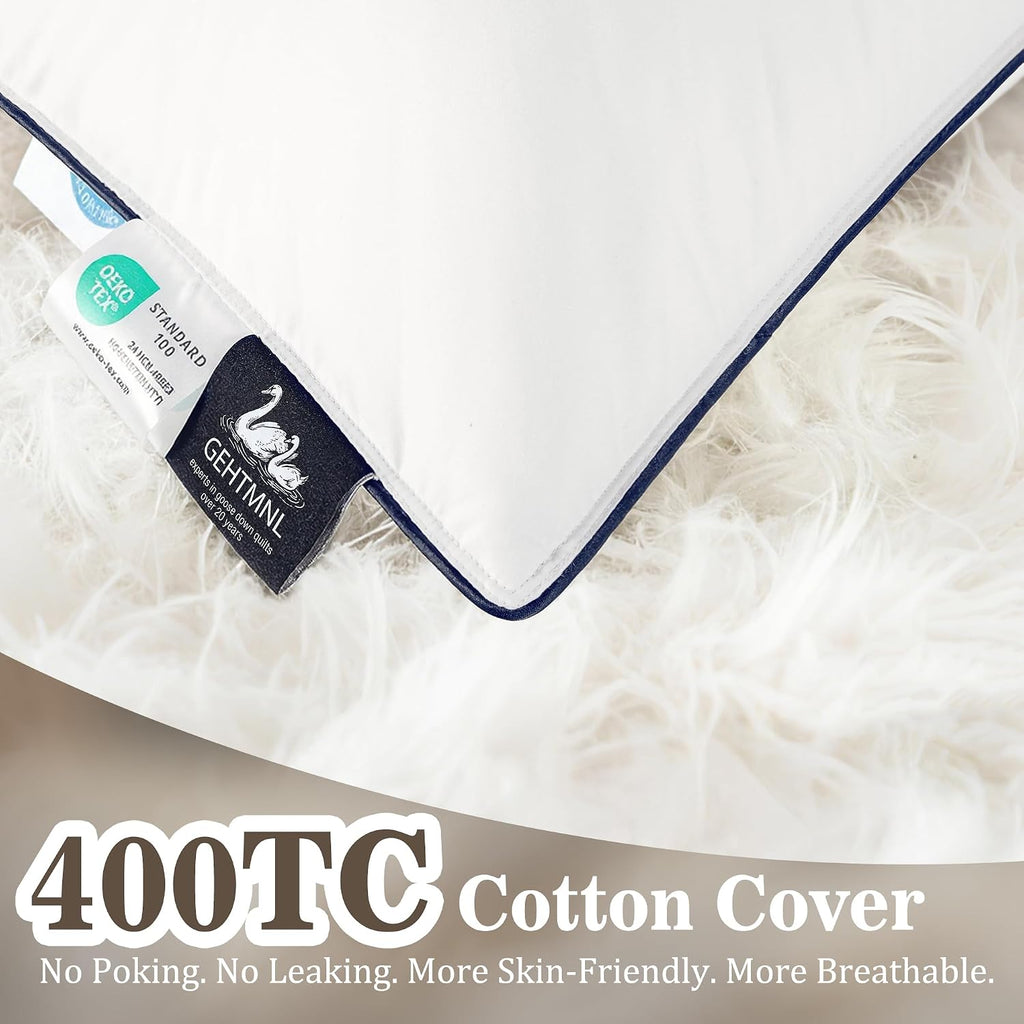 Gehtmnl Luxury Hotel Goose Feather Down Fiber Pillow Standard Size, Fluffy Medium Support Bed Pillow for Sleeping, 3-Layer Design with 400T…