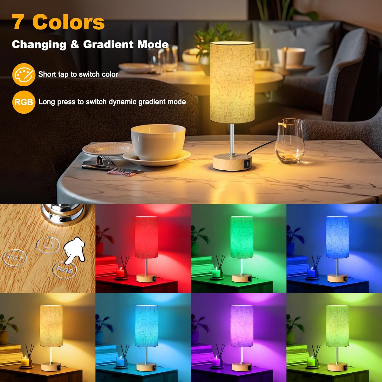 Unicozin Small Table Lamp, 3CCT & 7 RGB Color Changing, Dimmable Nightstand Lamp with Wood Grain Base, Touch Bedsides Lamp for Bedroom…
