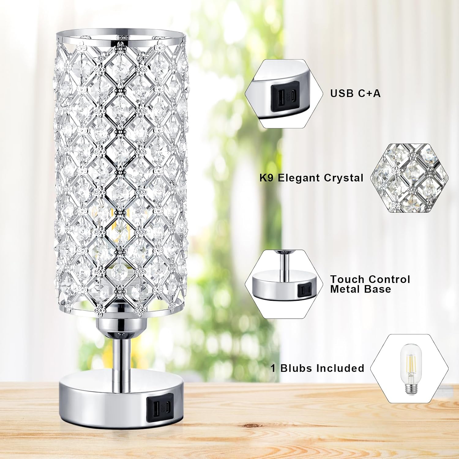 Crystal Touch Lamp with Touch Control, Sliver Table Lamp with USB-C+A Ports, 3 Way Dimmable Bedside Lamp Decorative Modern Nightstand…