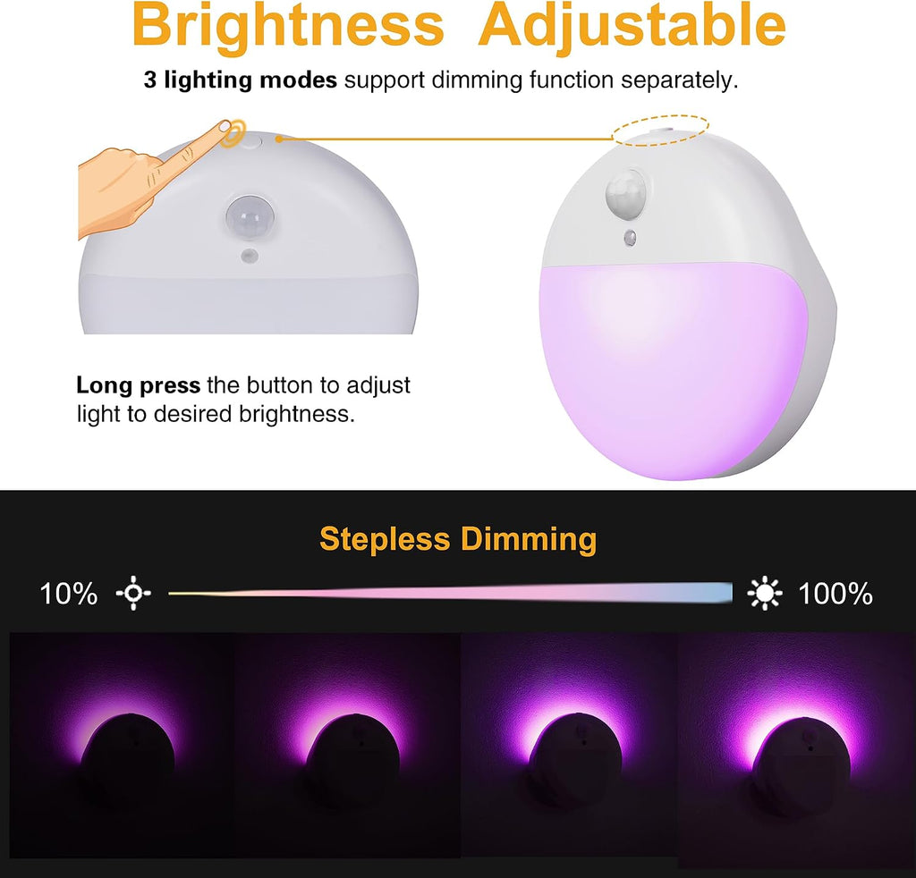 YUNLEX 2 Pack Purple Battery Night Light, Motion Activated Night Light, 2.6" Small Sticky Lights, 3 Light Modes, Dimmable Calming Glow…