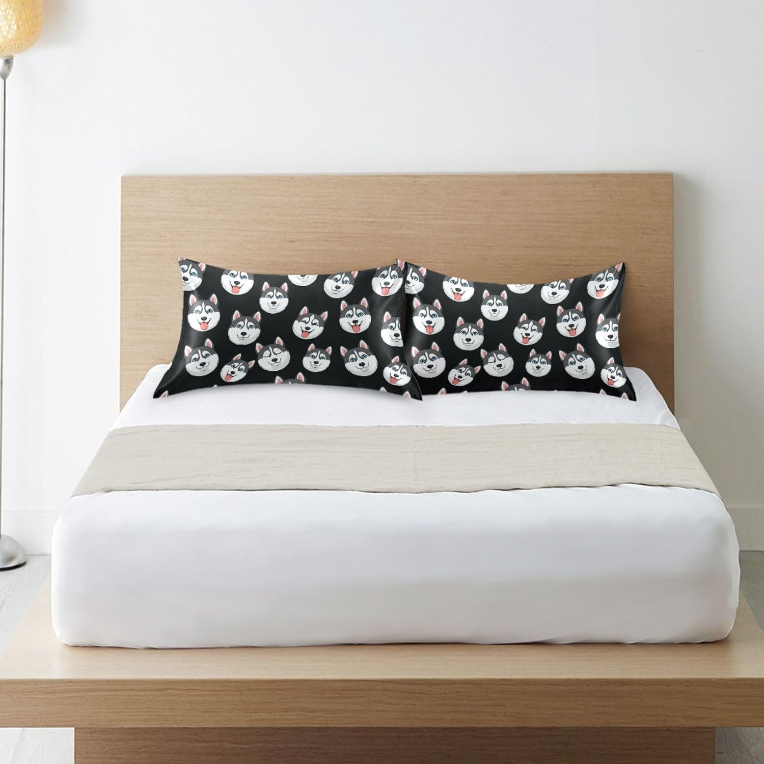 Cartoon Husky Dark Pillow Covers Silk Pillowcase for Hair and Skin Breathable Soft Satin Pillowcase Queen Size Pillow Case for Bedroom…