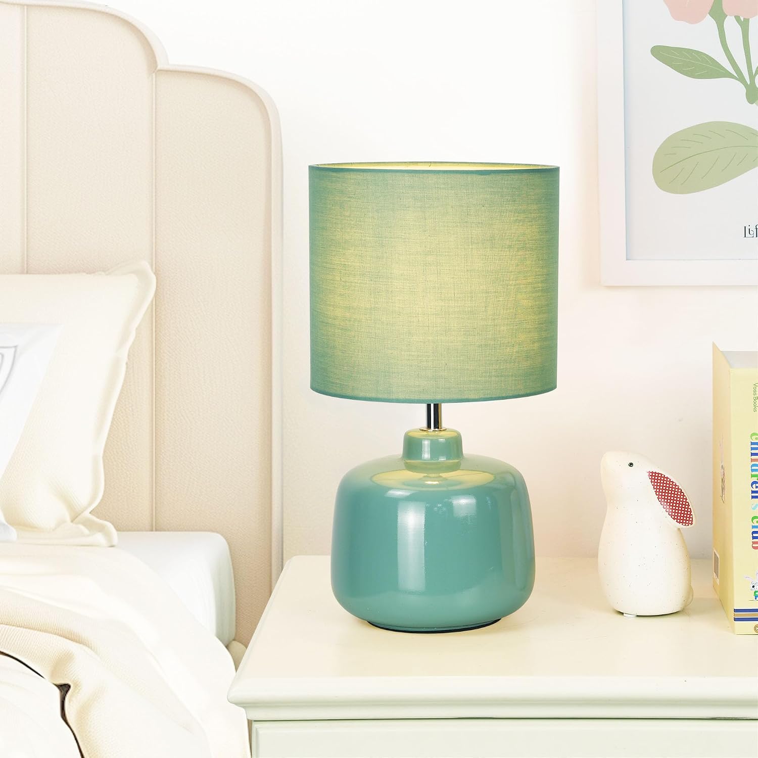 Oslo Green Small Ceramic Table Lamp for Living Room and Bedroom, Modern Kids Night Table Lamp, Φ7.09×H13.39IN, Bulb Excluded