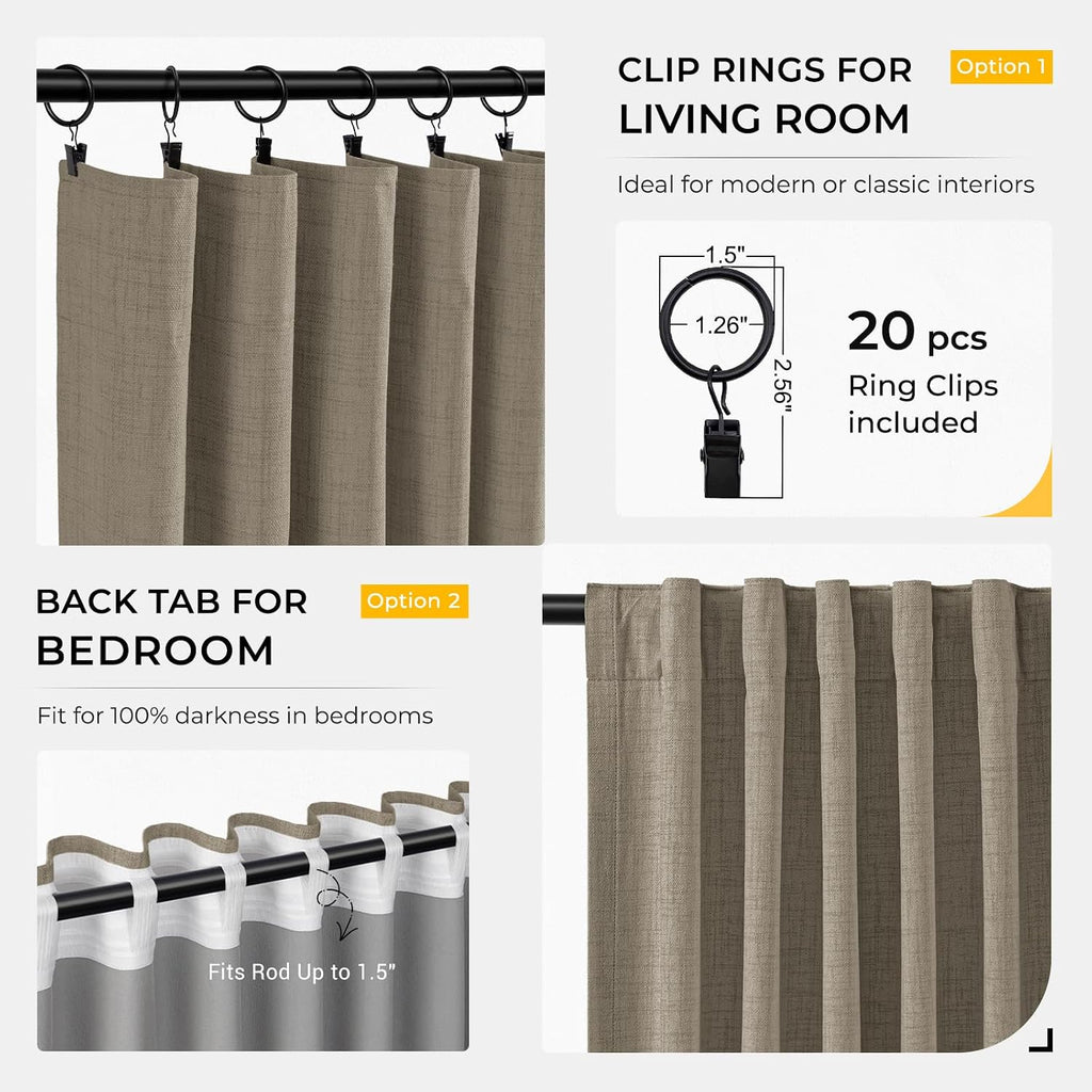 INOVADAY 100% Blackout Curtains for Bedroom, Black Out Curtains 84 Inch Long, Clip Rings Linen Blackout Drapes, Thermal Insulated Room…