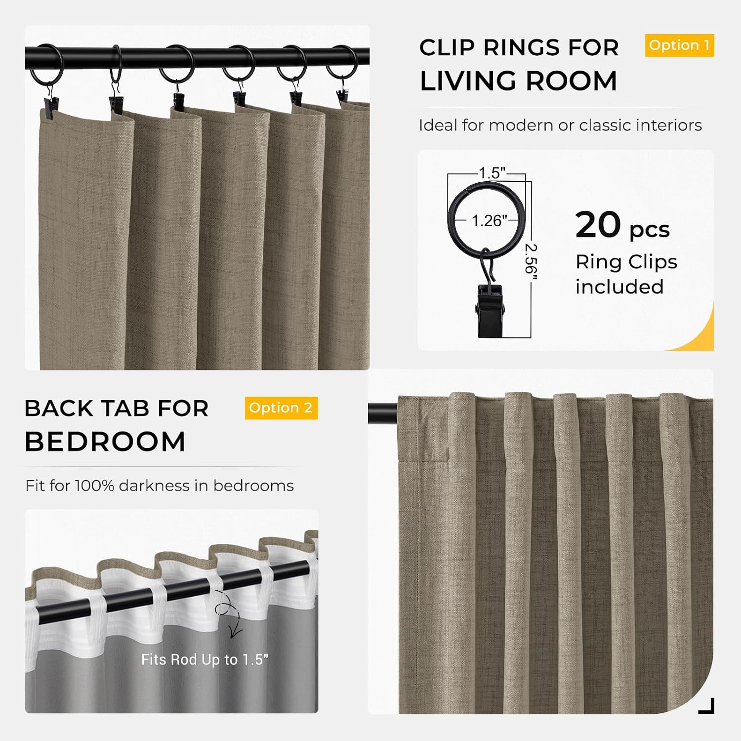 INOVADAY 100% Blackout Curtains for Bedroom, Black Out Curtains 84 Inch Long, Clip Rings Linen Blackout Drapes, Thermal Insulated Room…